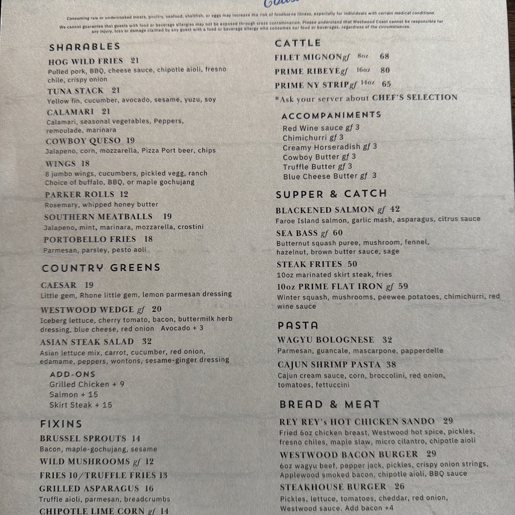 Westwood Coast Menu