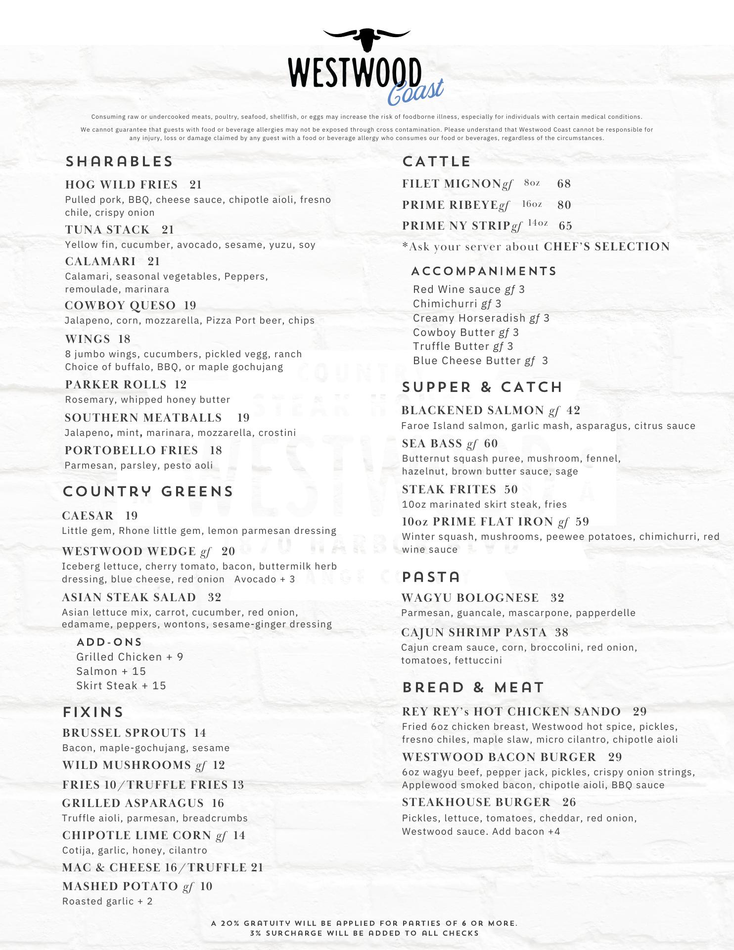 Westwood Coast Menu