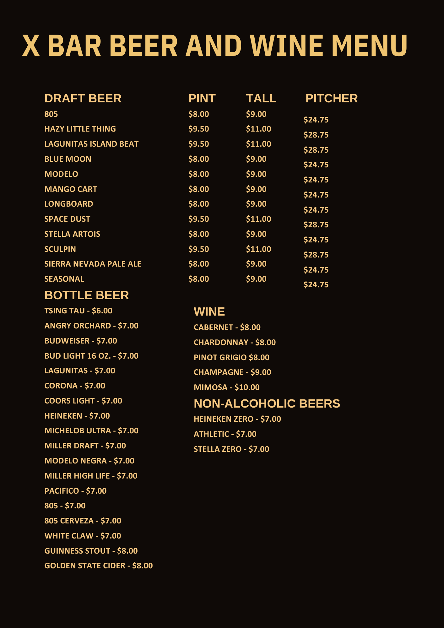 X Bar Cupertino Menu