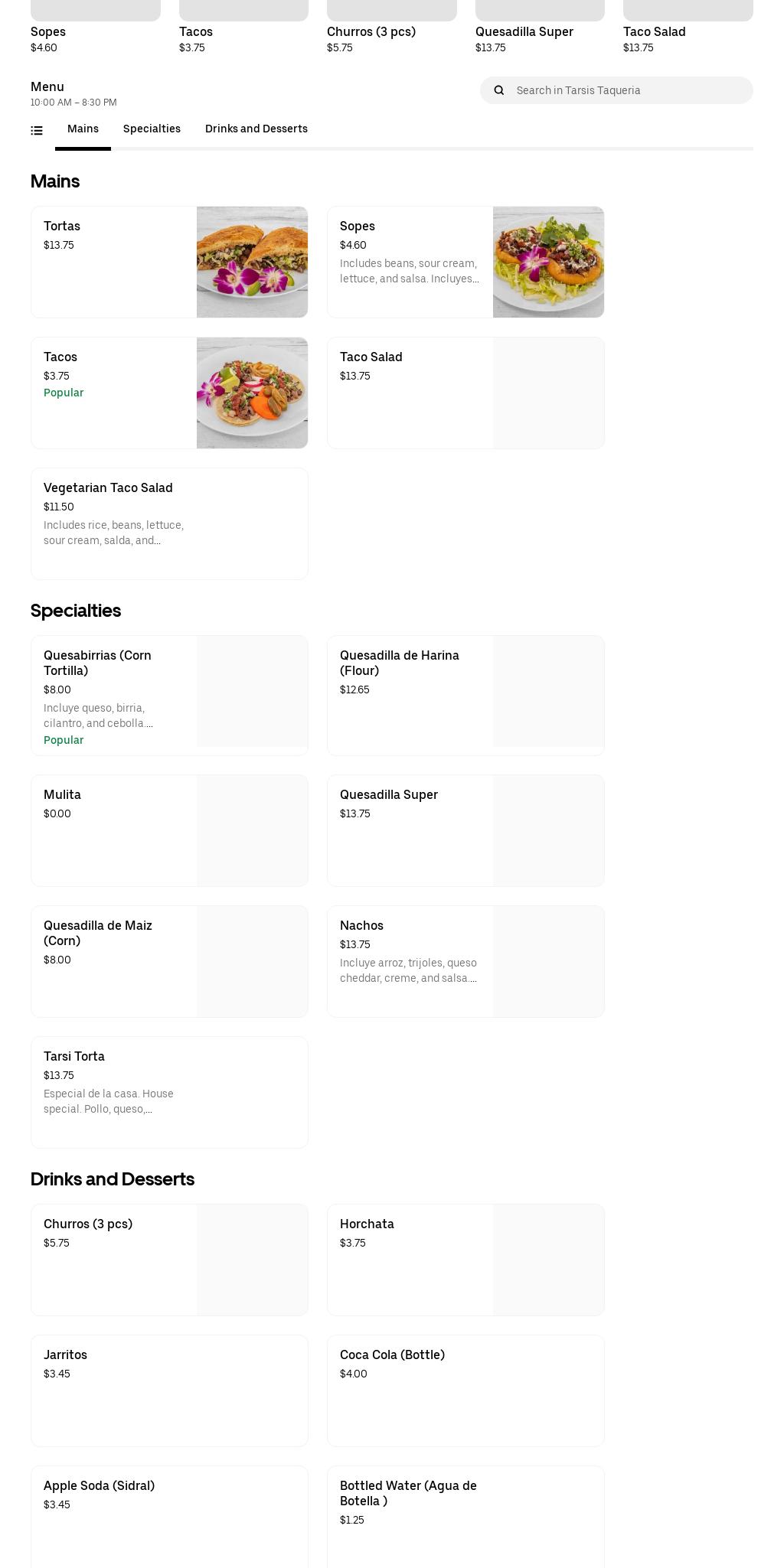 Tarsis taqueria LLC Menu