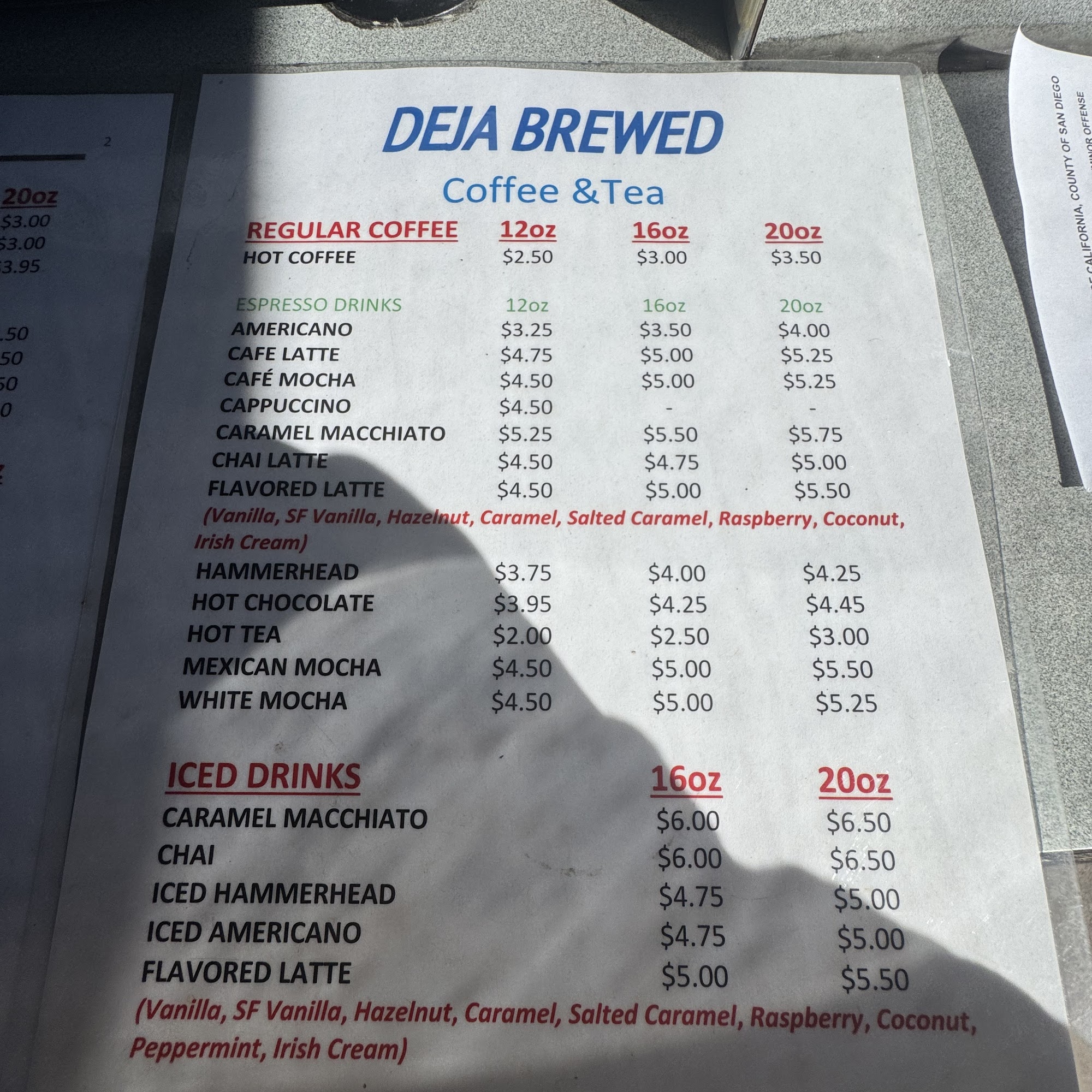 Deja Brewed coffee and tea Menu