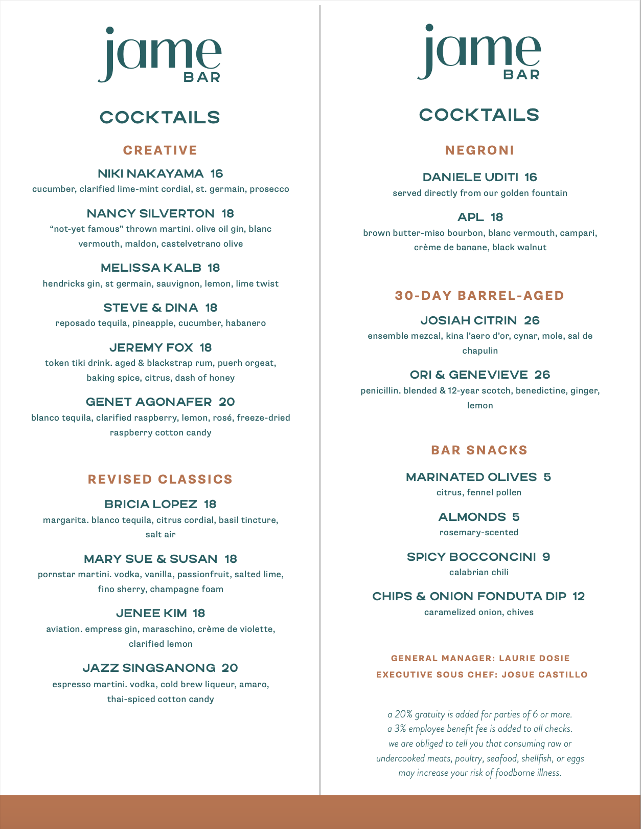 John Thomas Bar Menu