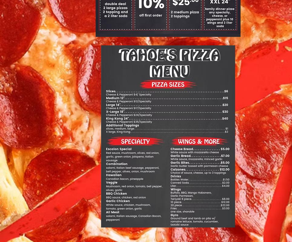 Tahoe's Pizza Menu
