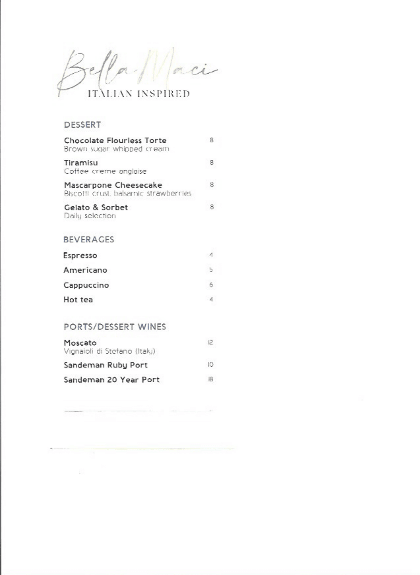 Bella Maci Menu