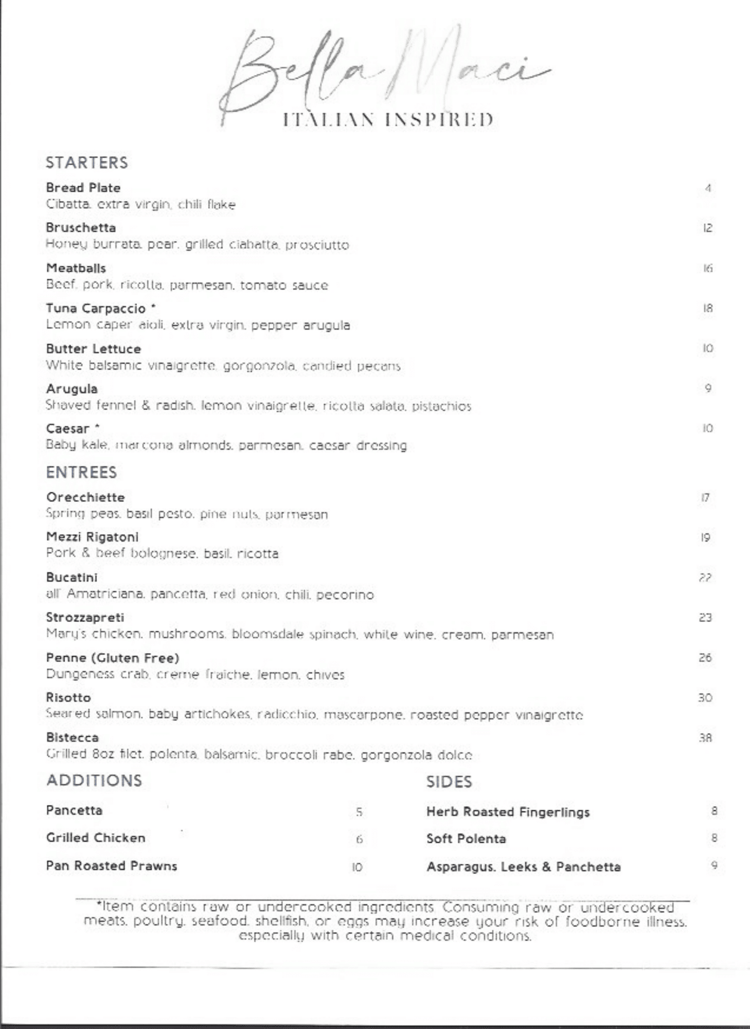 Bella Maci Menu