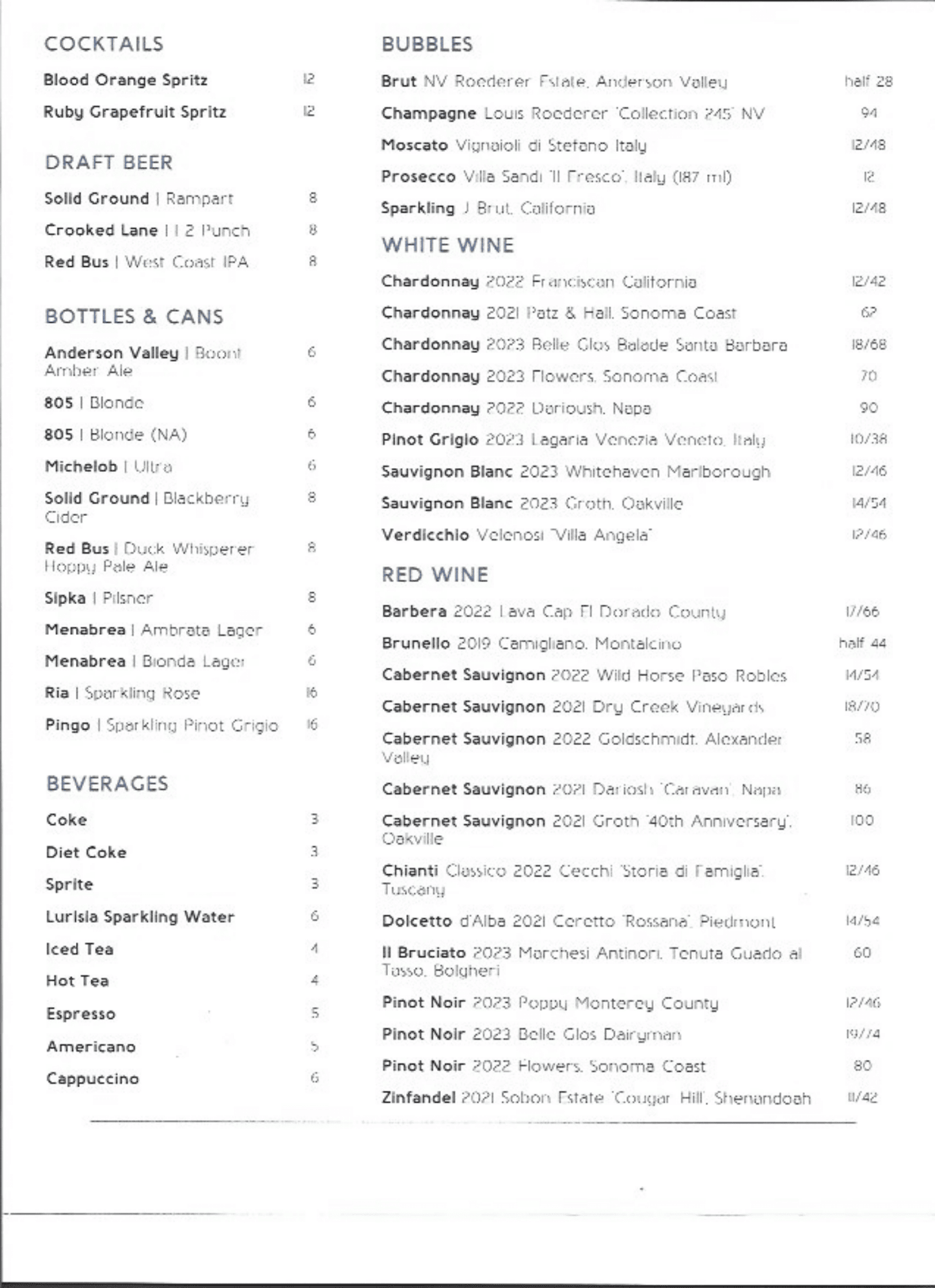 Bella Maci Menu