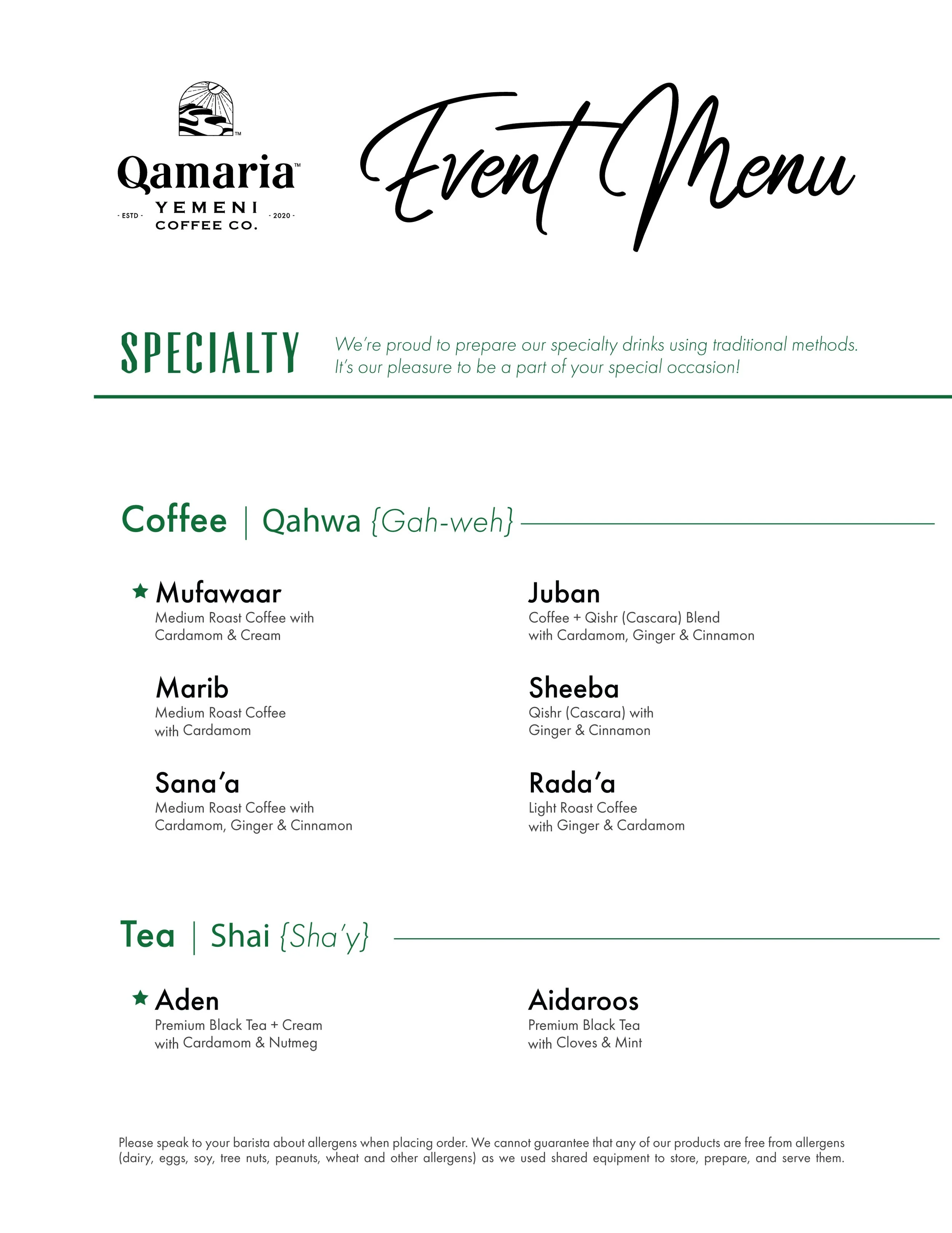 Qamaria Yemeni Coffee Co. Menu