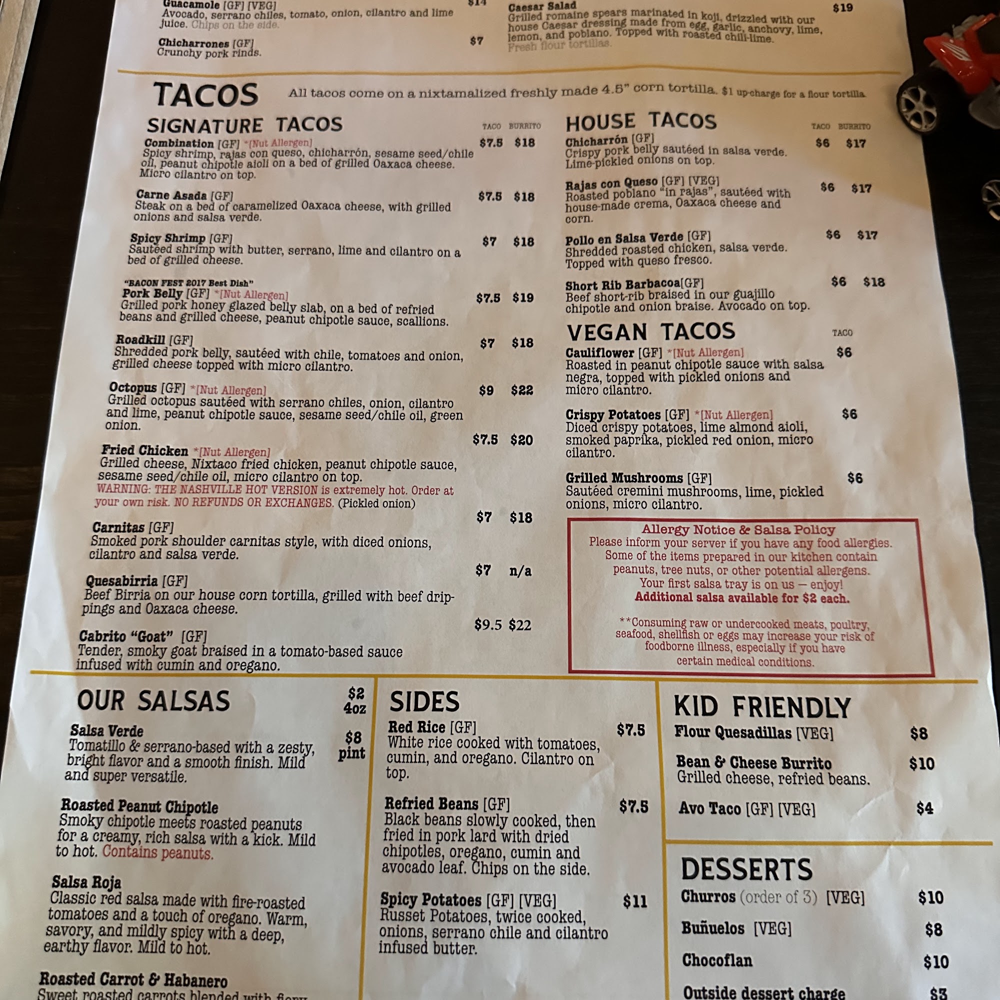 Nixtaco Folsom Menu