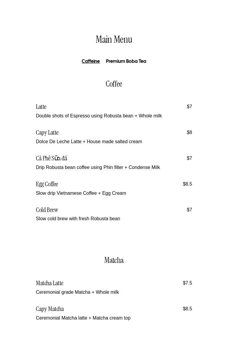 Capy Cafe Menu