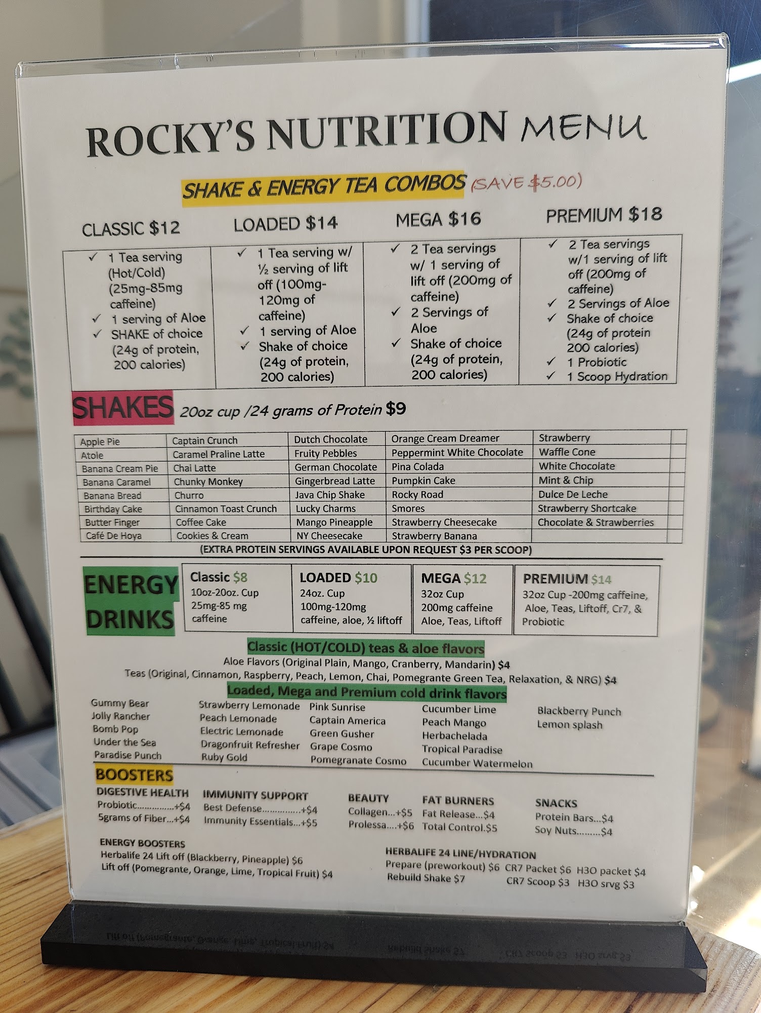 Rocky's Nutrition Menu