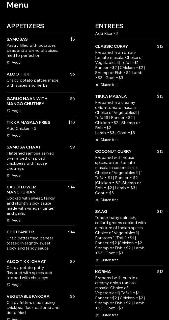 Indian Eats - Taste of India Menu