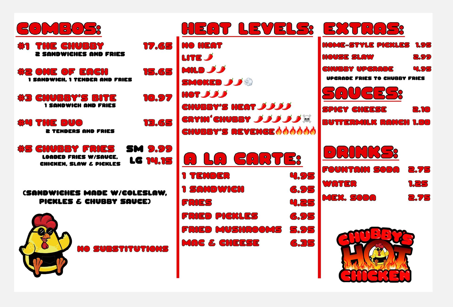 Chubbys Hot Chicken Menu