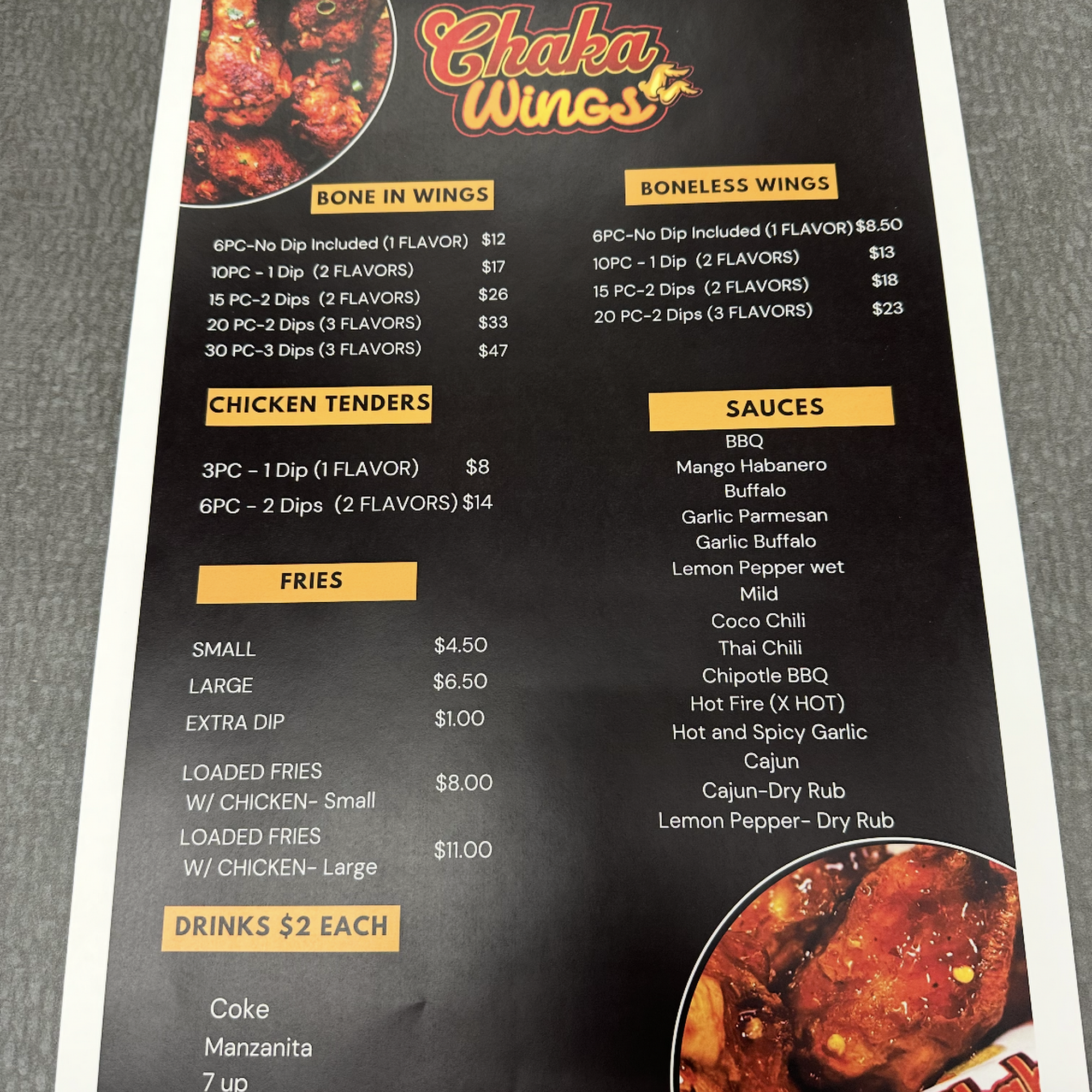 Chaka Wings Menu