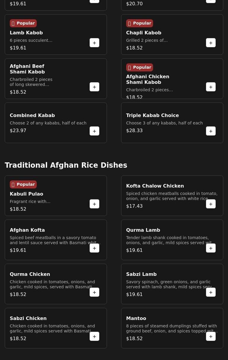 Authentic Afghan Kebab and Cuisine Menu