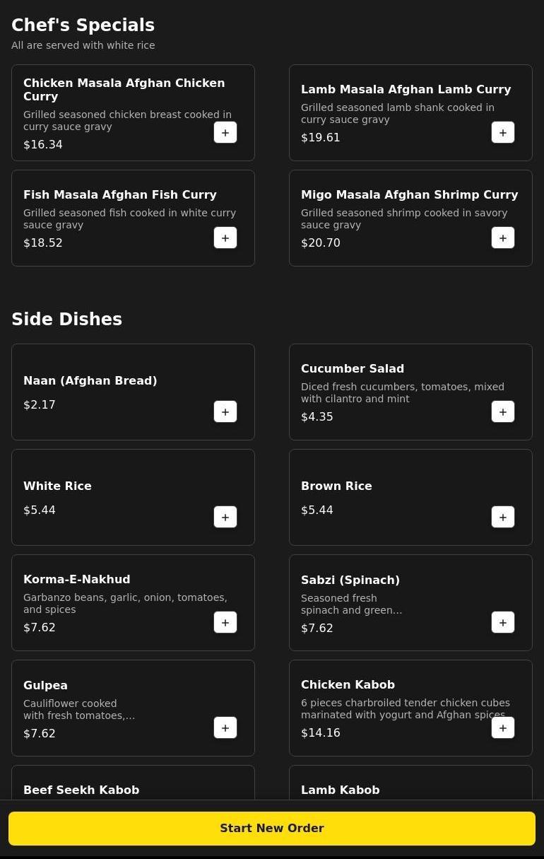 Authentic Afghan Kebab and Cuisine Menu