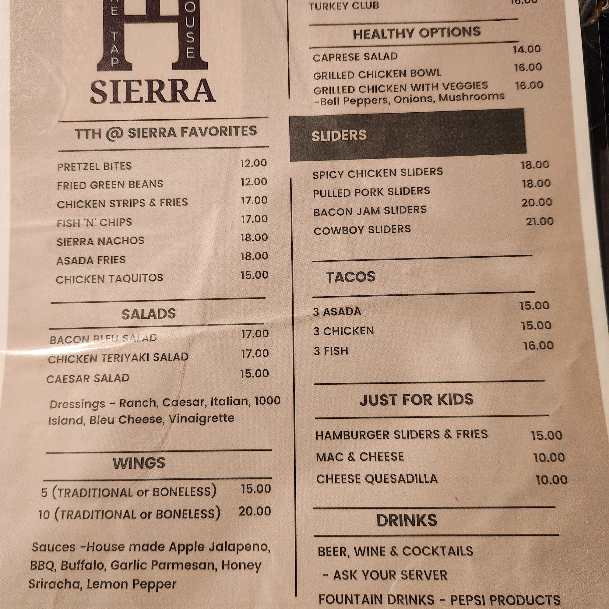 The Tap House at Sierra Menu