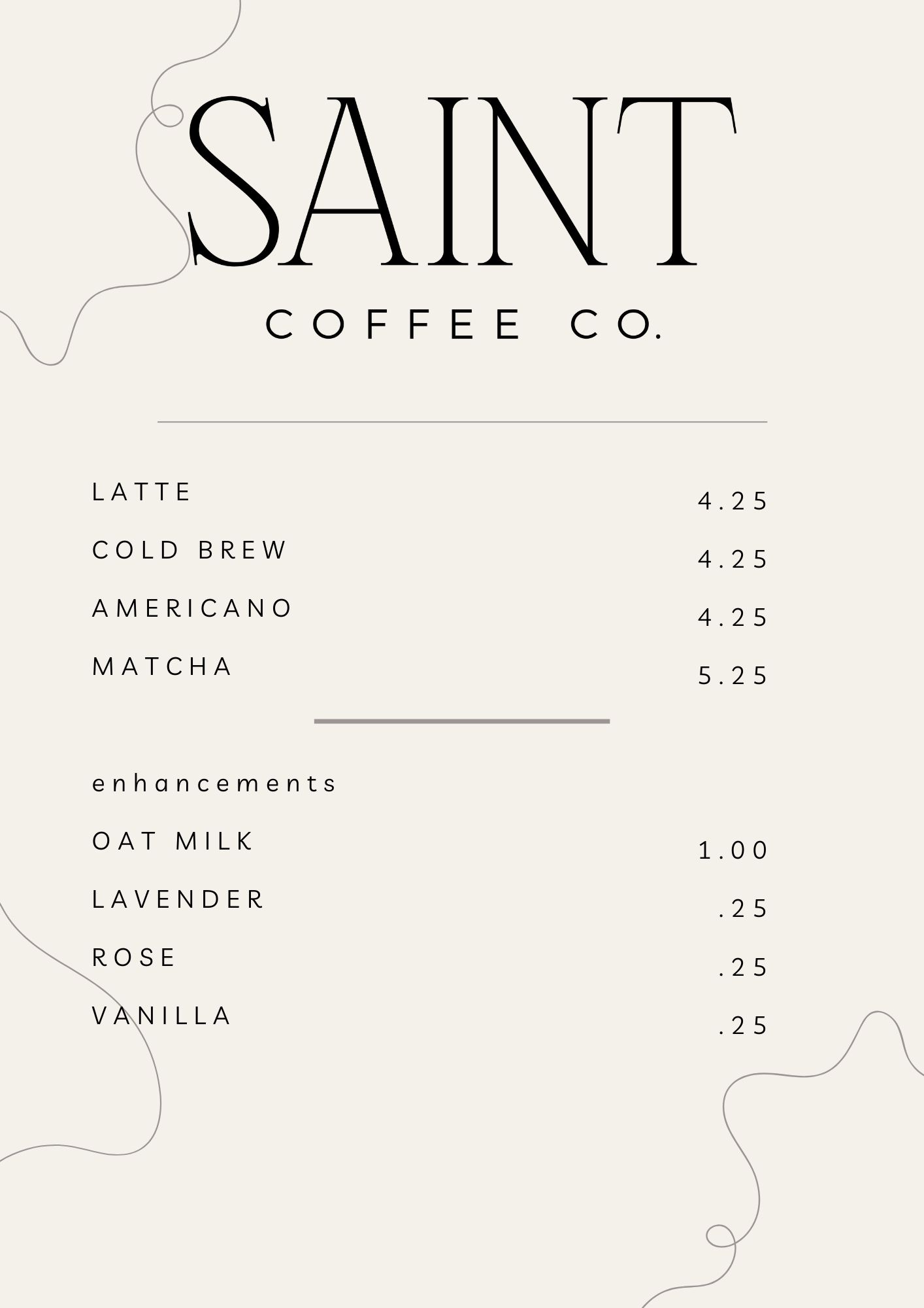 Saint Coffee Menu