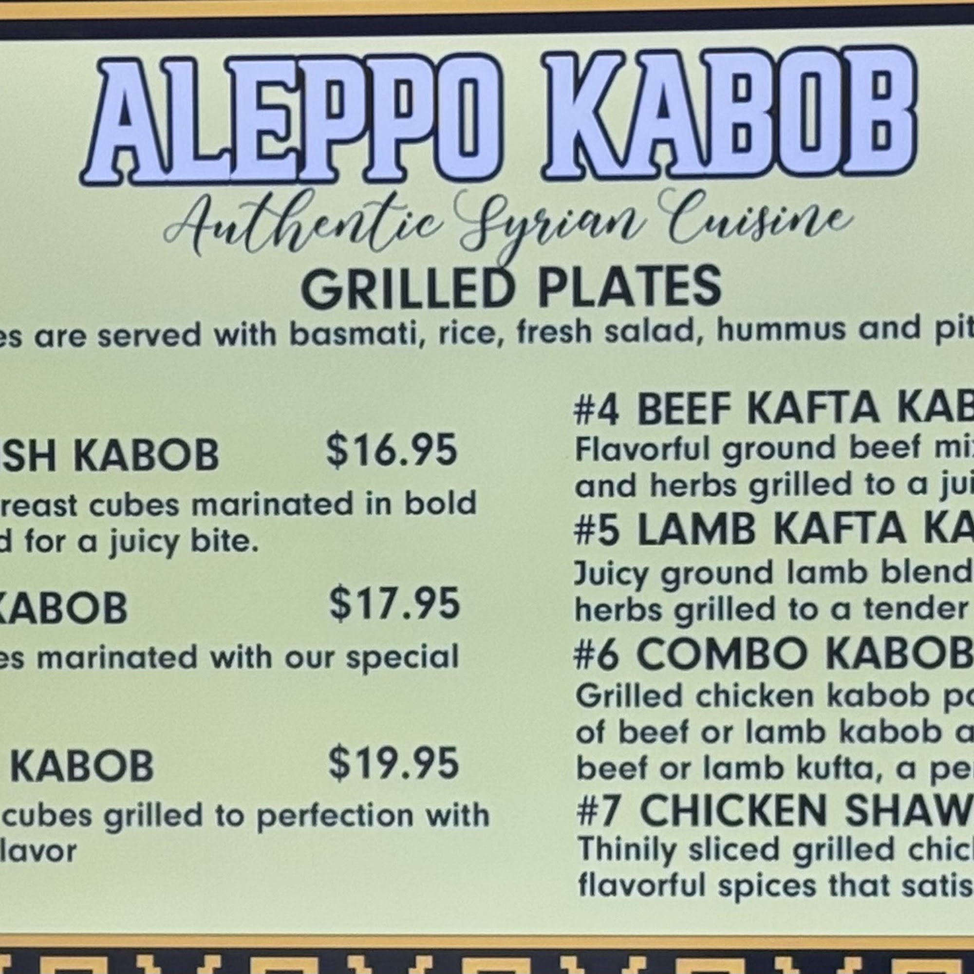 Aleppo Kabob Menu
