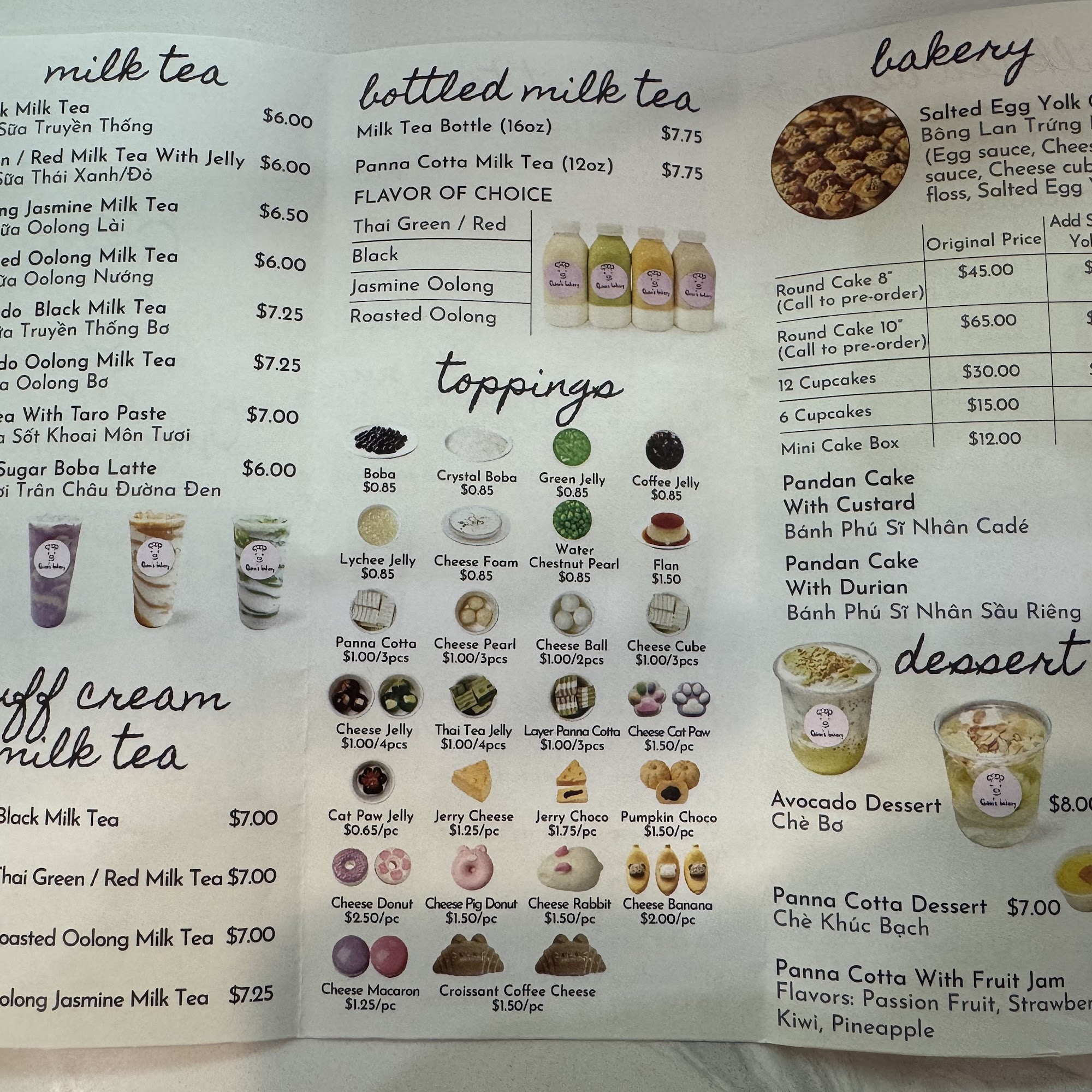 Quinn’s Bakery Menu