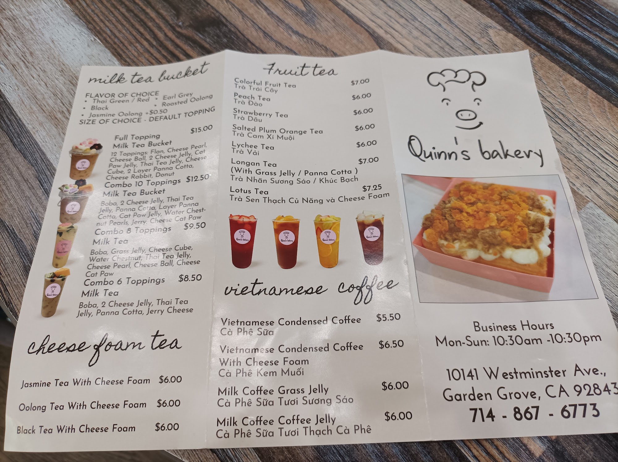 Quinn’s Bakery Menu