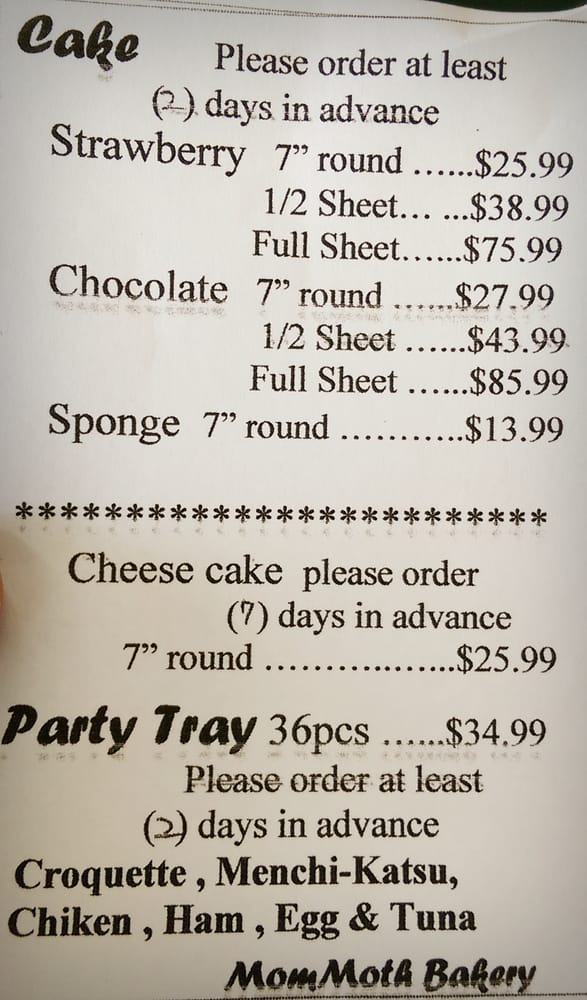 MamMoth Bakery Menu