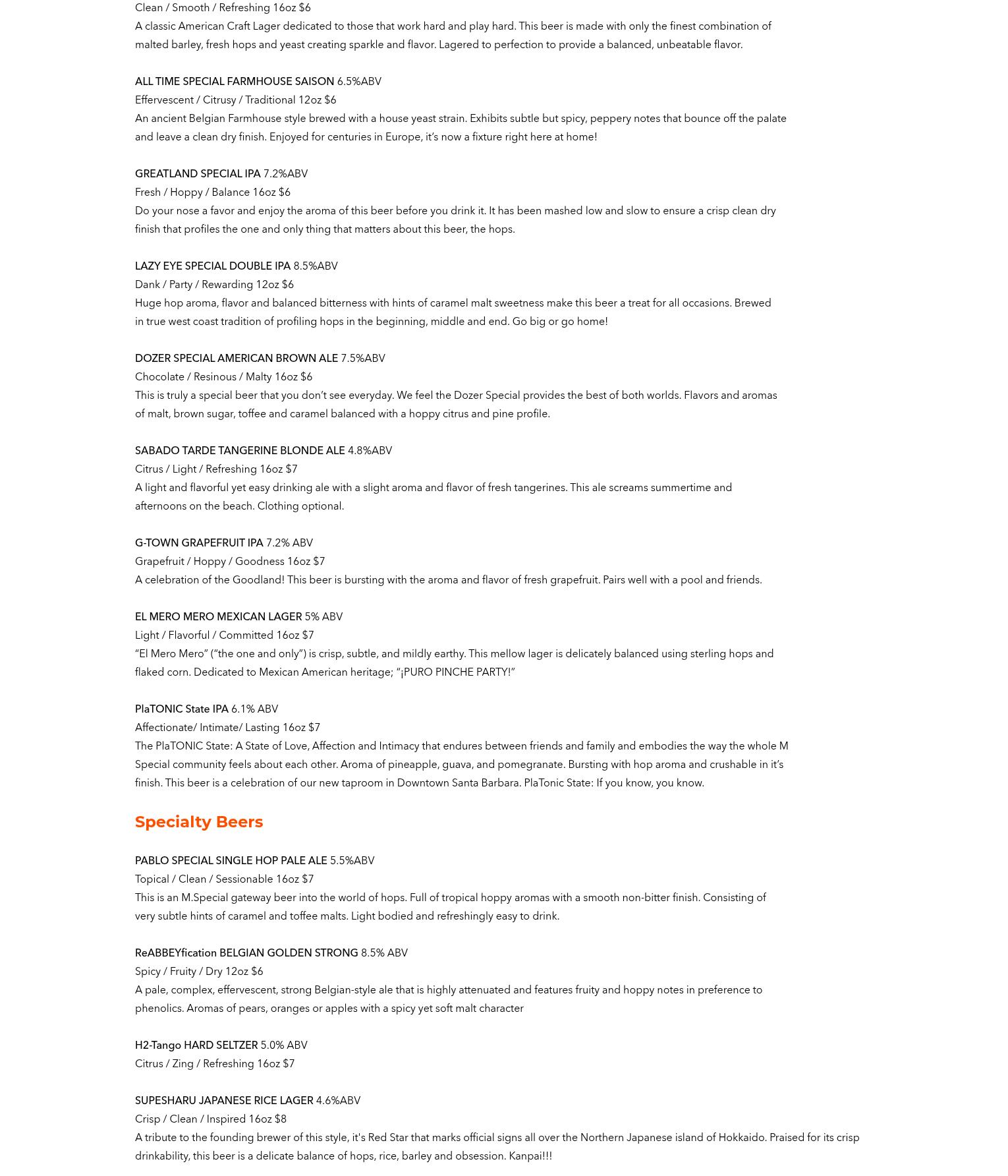 M Special Brewing Company Menu