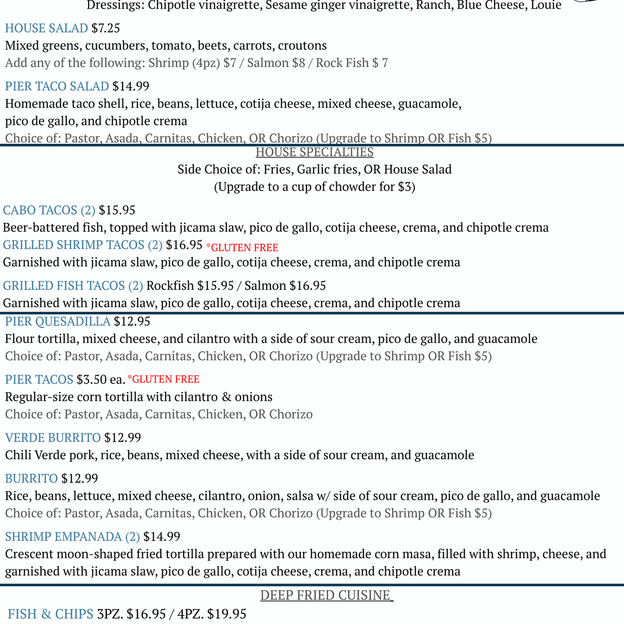 Pier 101 Seafood Menu