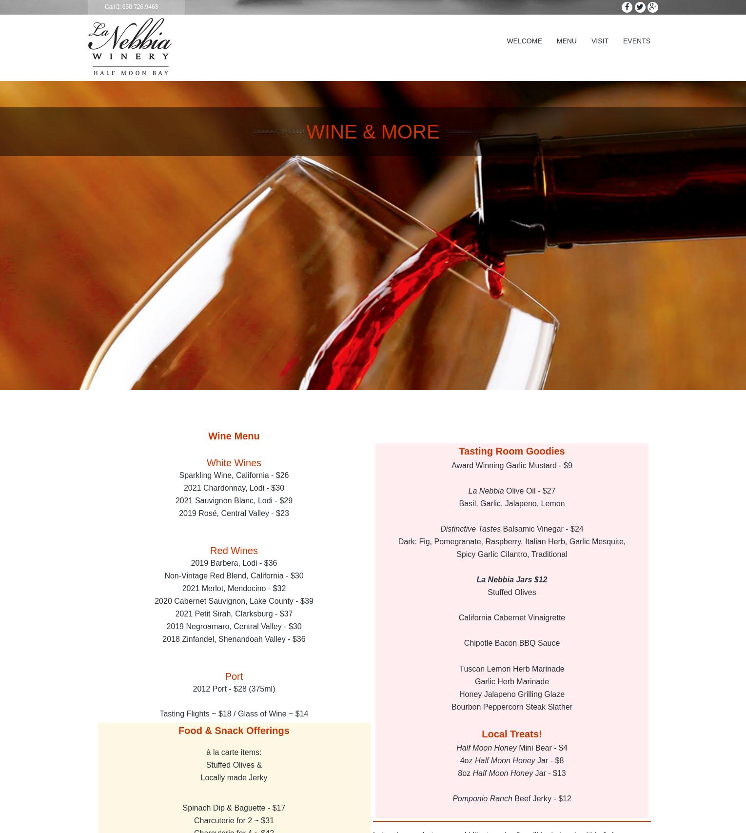 La Nebbia Winery Menu