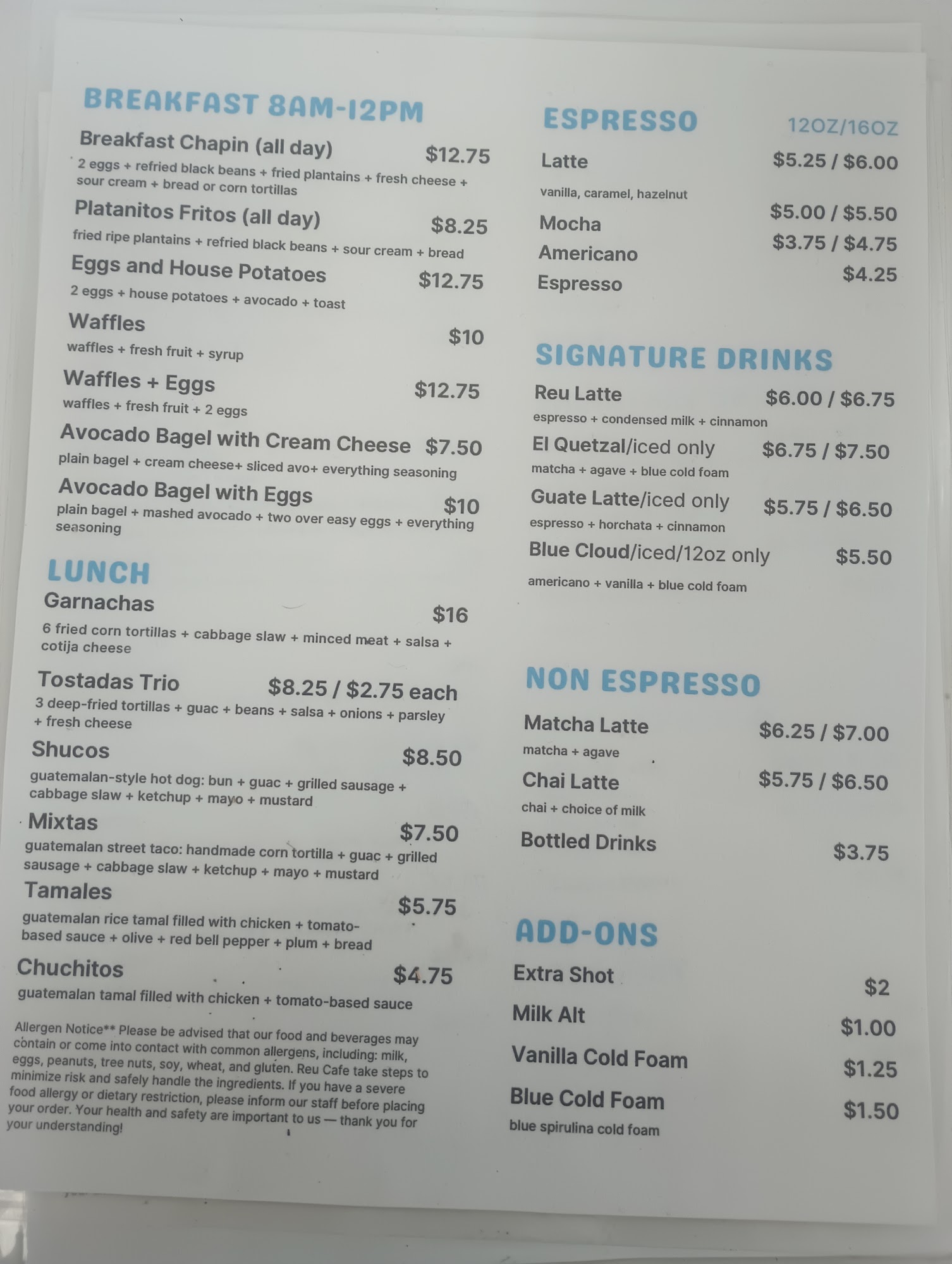 Reu Café Menu