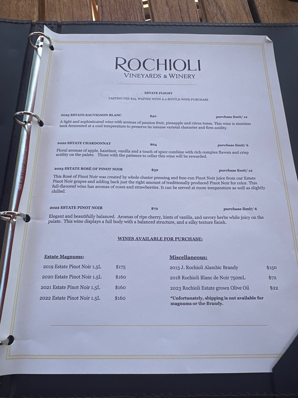 J Rochioli Vineyards & Winery Menu