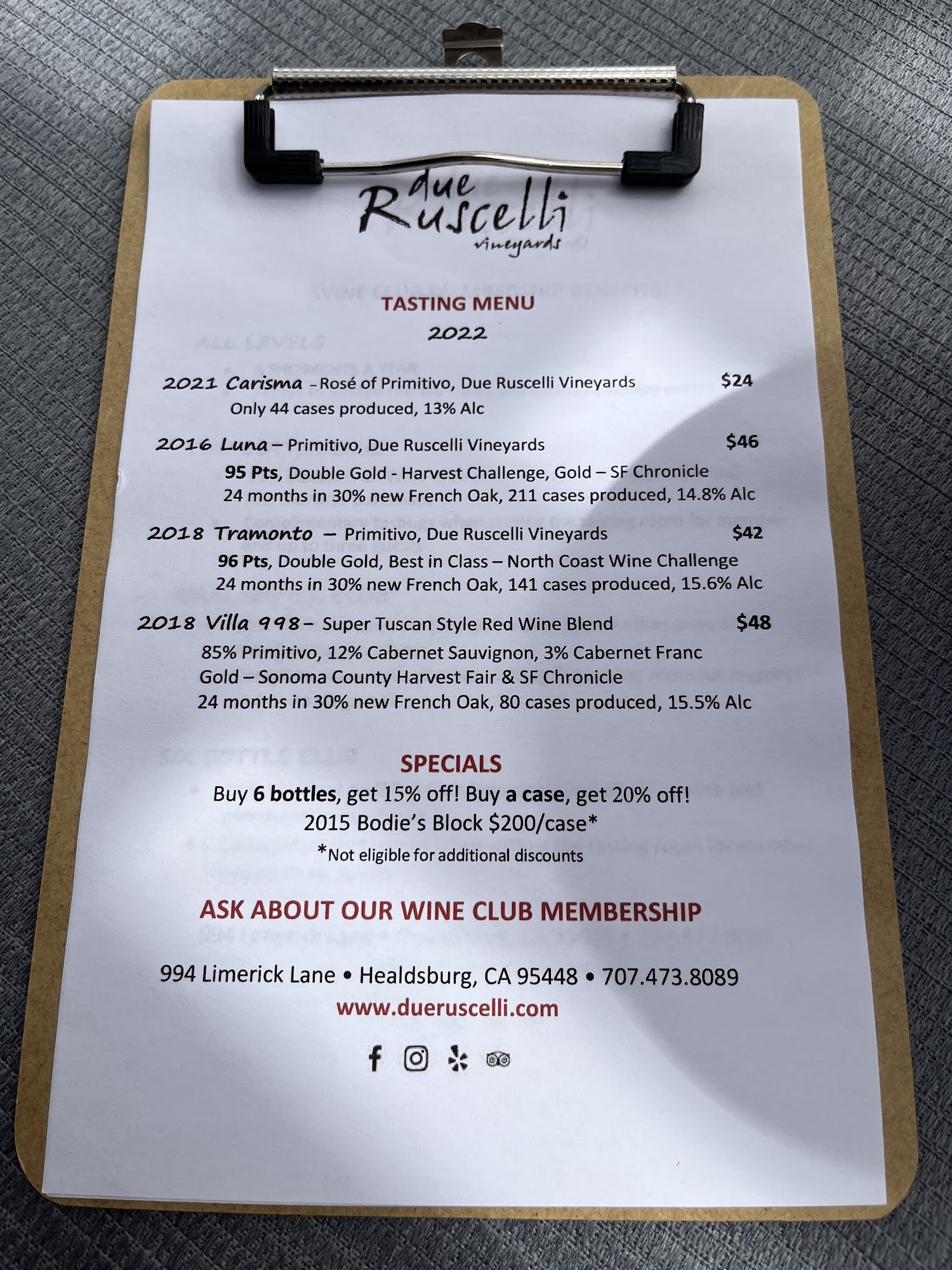 Due Ruscelli Vineyards Menu