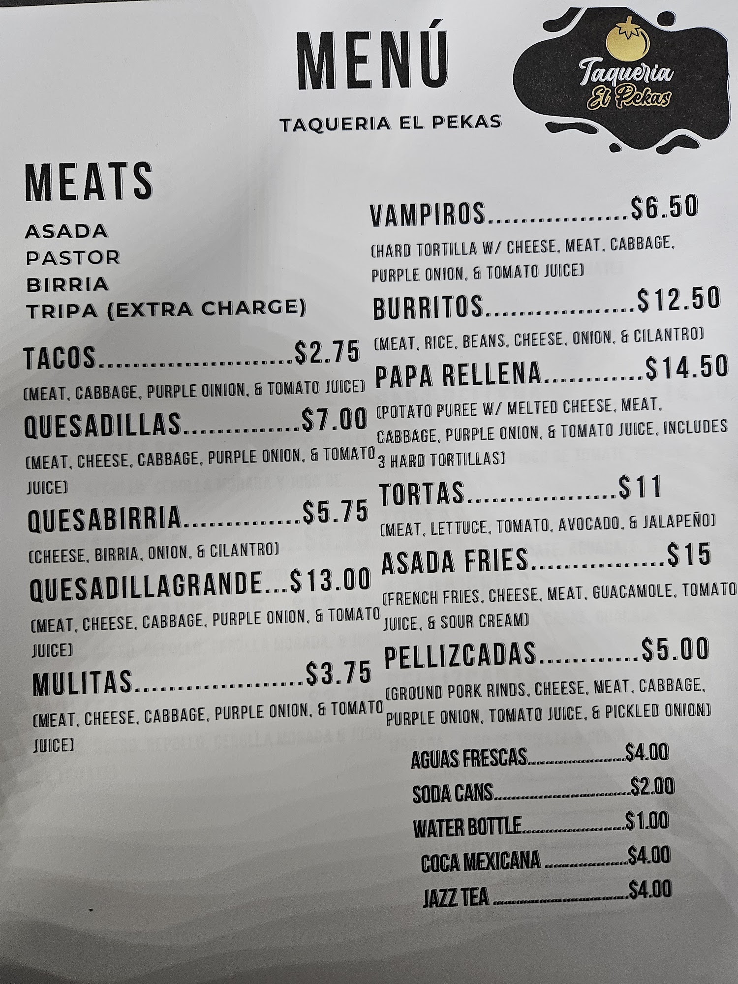 Taqueria el pekas Menu