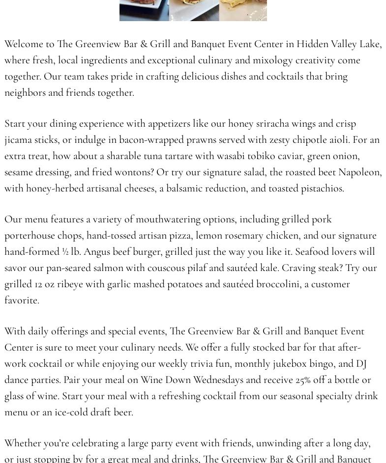 HVL Golf Course Restaurant Menu