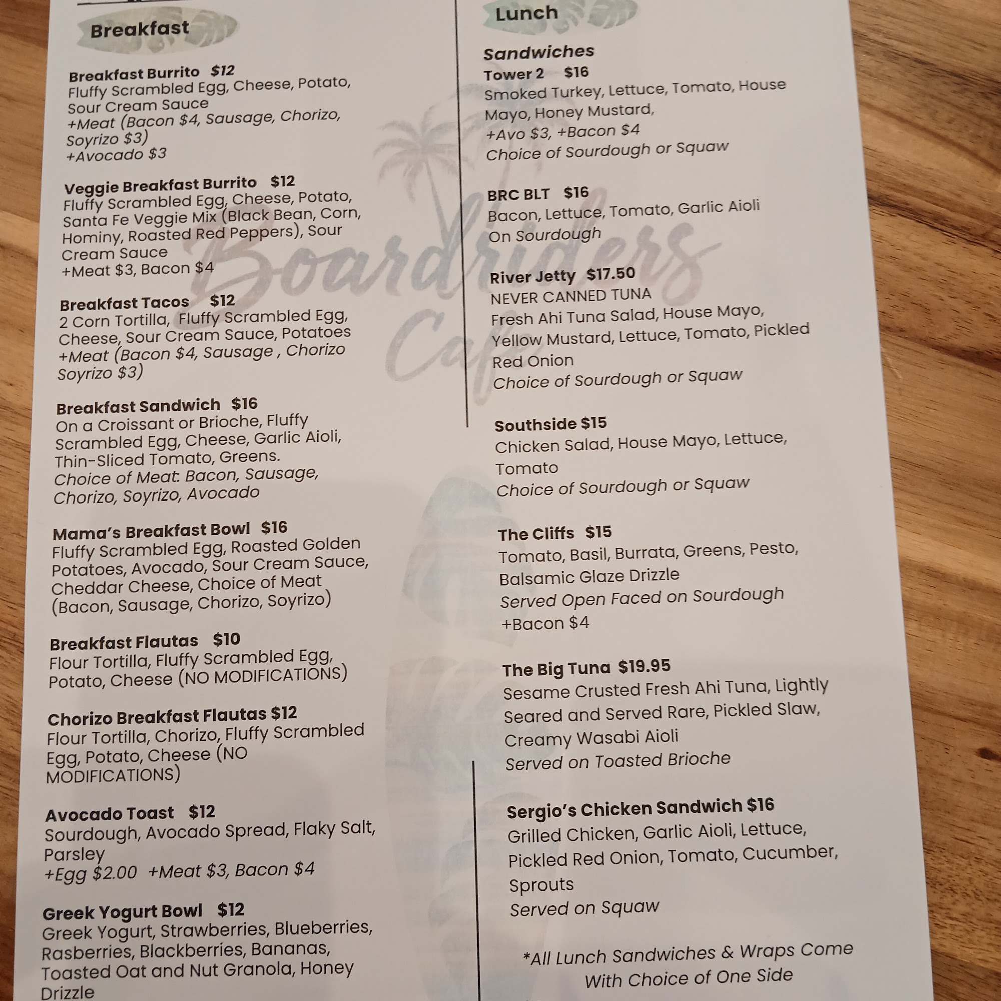 Boardriders Cafe Menu