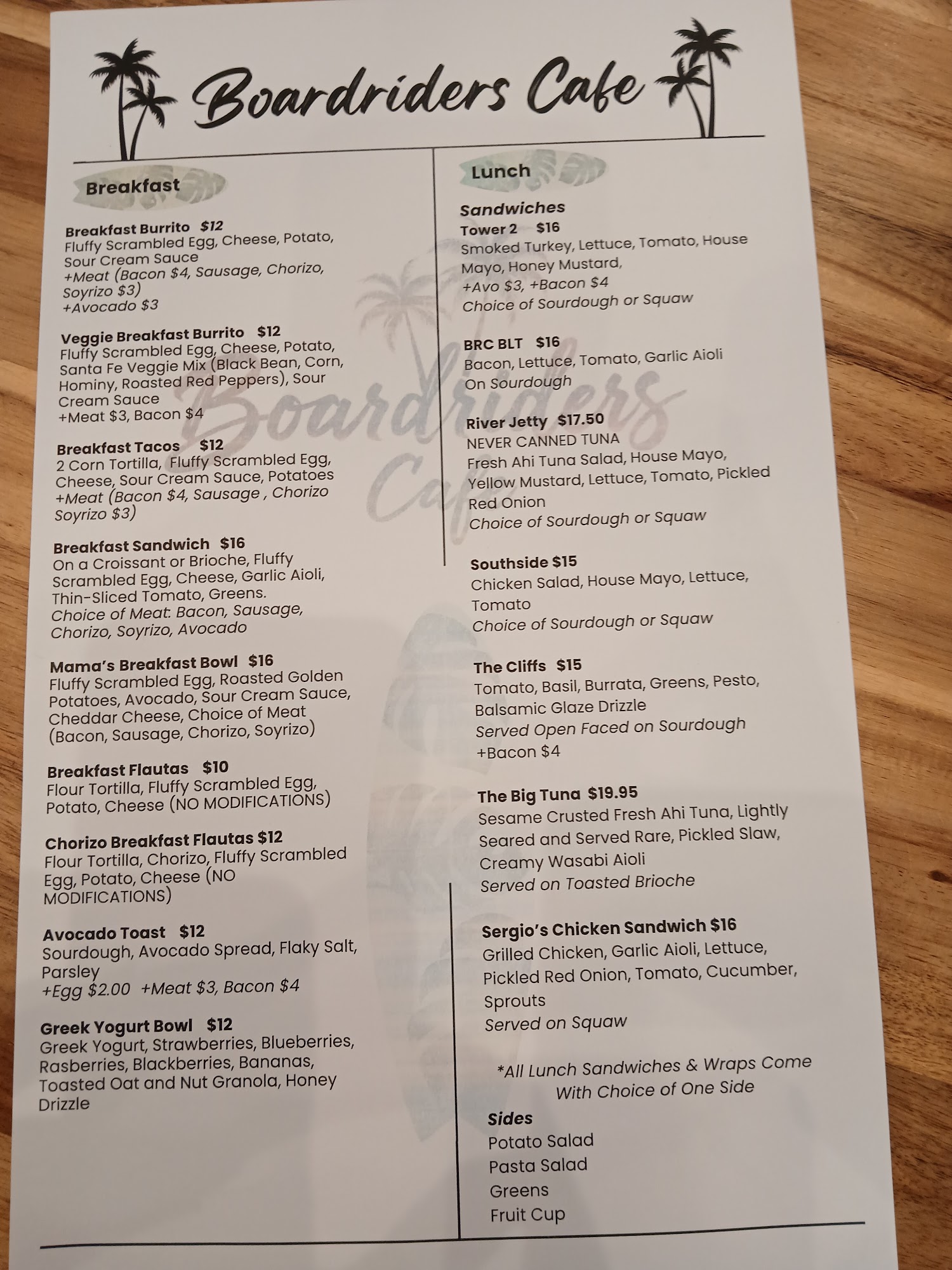Boardriders Cafe Menu