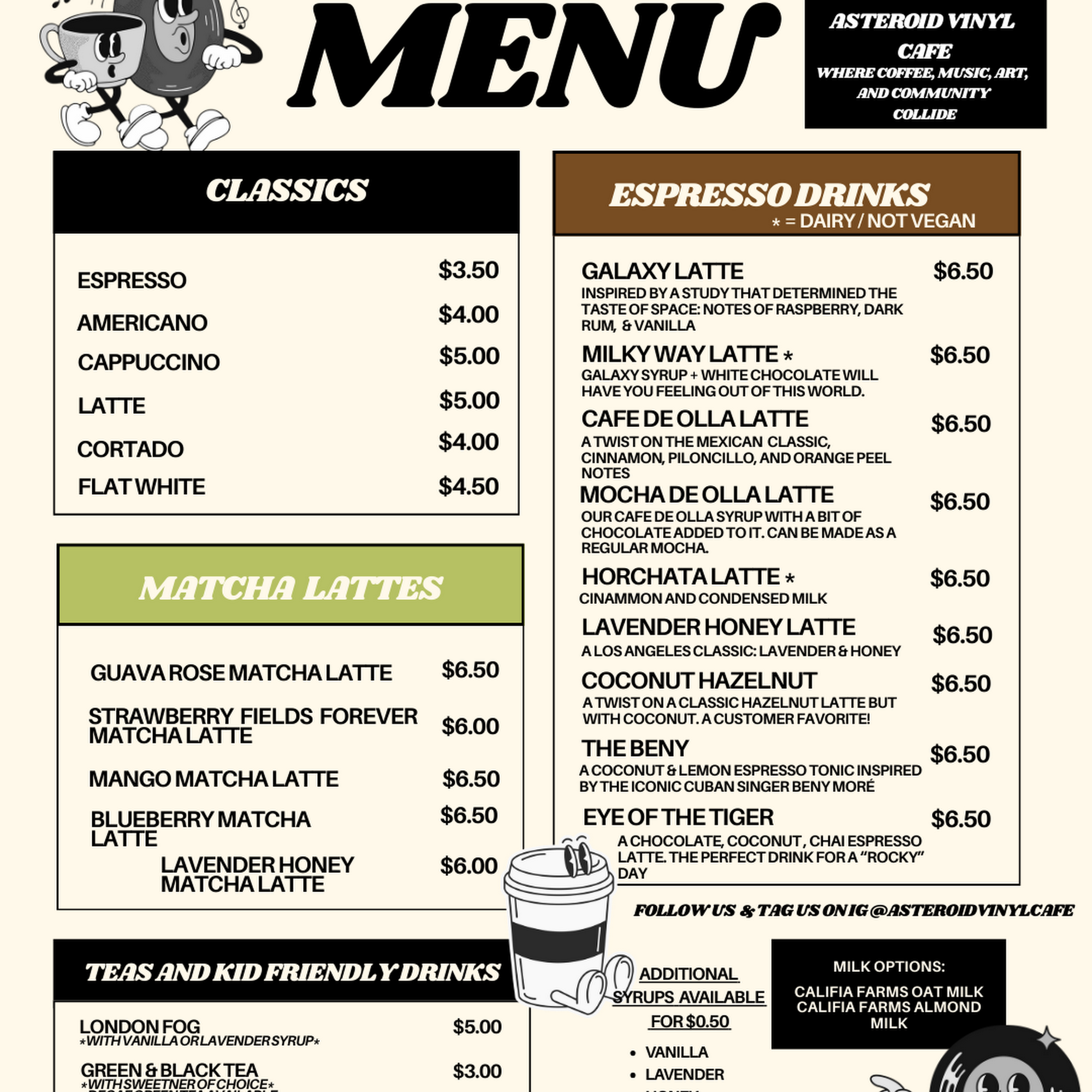 Asteroid Vinyl Cafe Menu