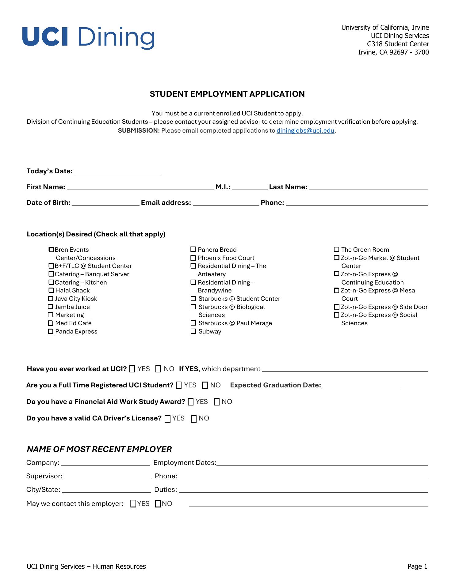 UCI Dining Services Menu