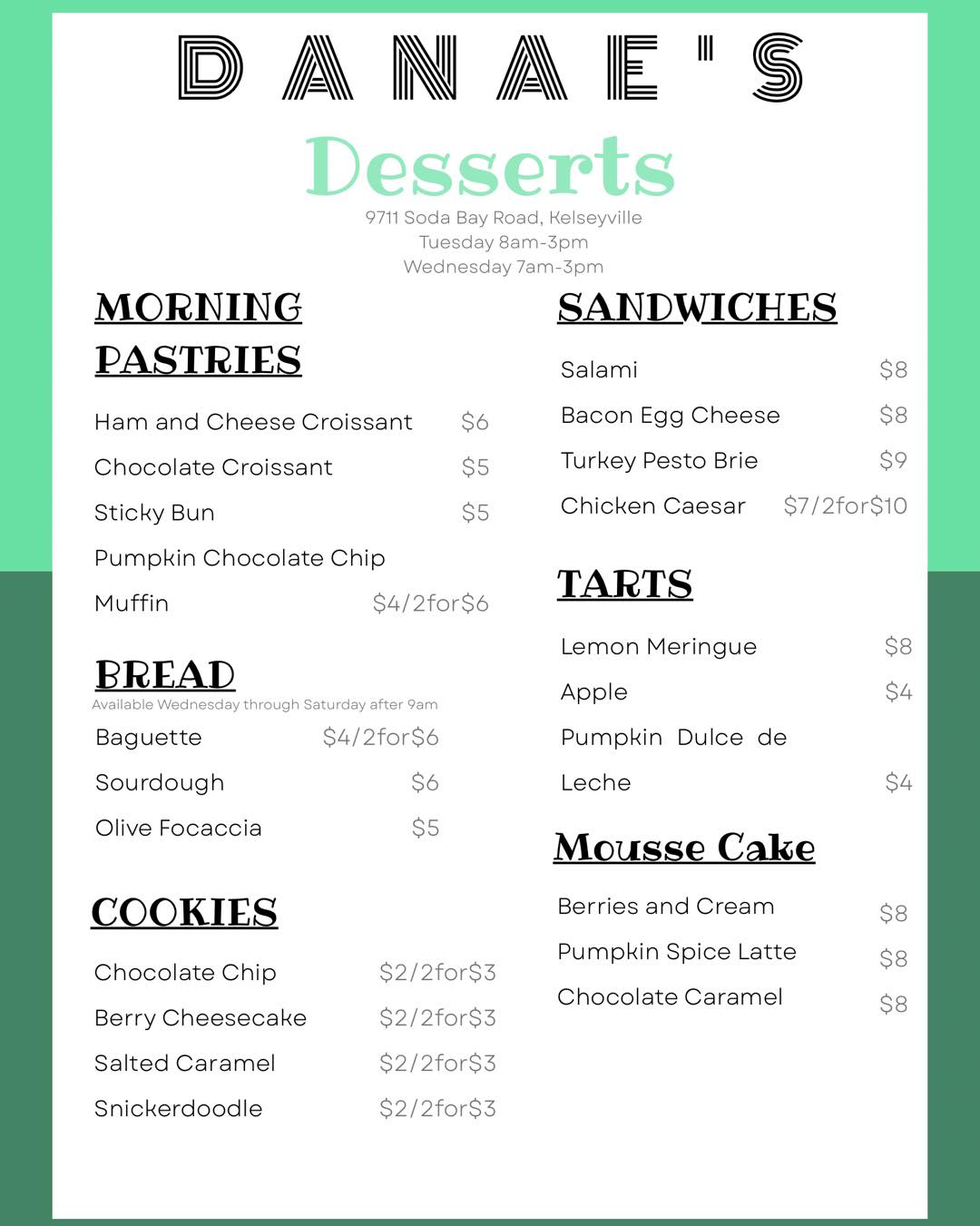 Danae’s Desserts Menu