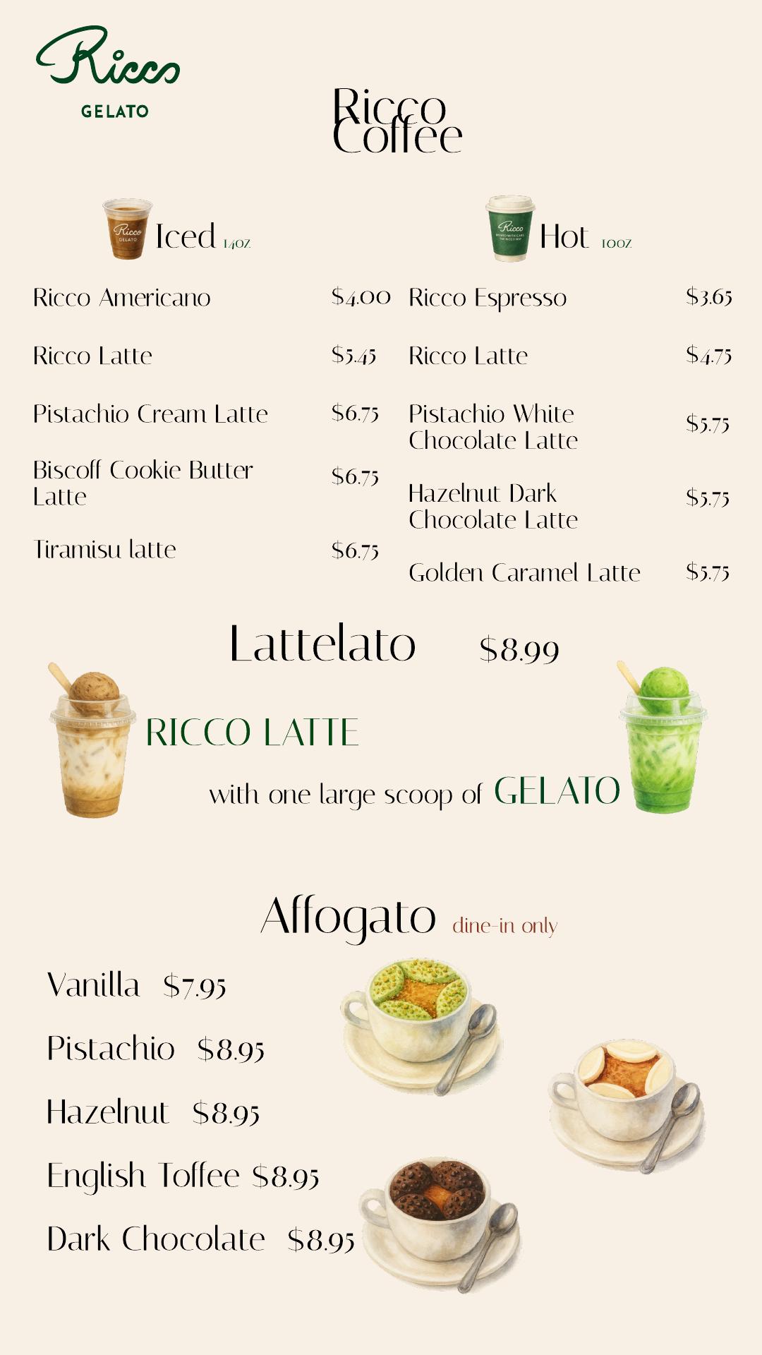 Ricco Gelato Menu