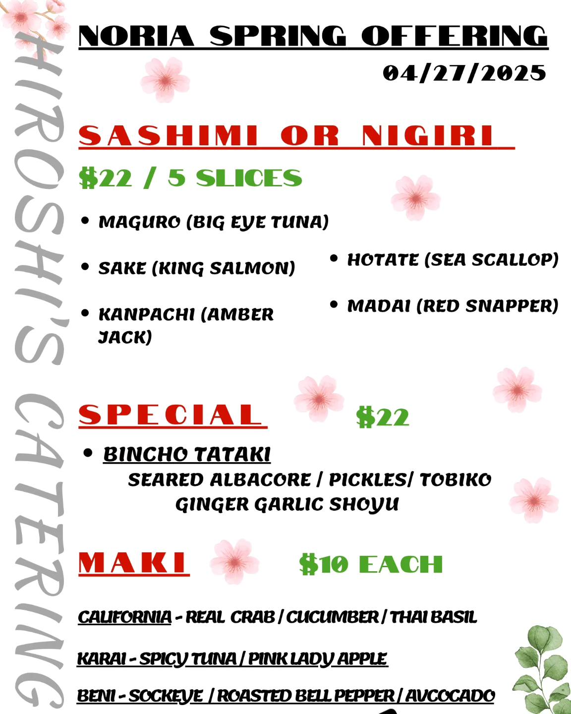 Hiroshi's Catering Menu