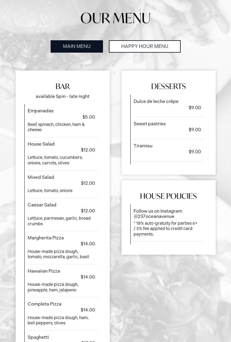 237 Ocean Avenue Menu