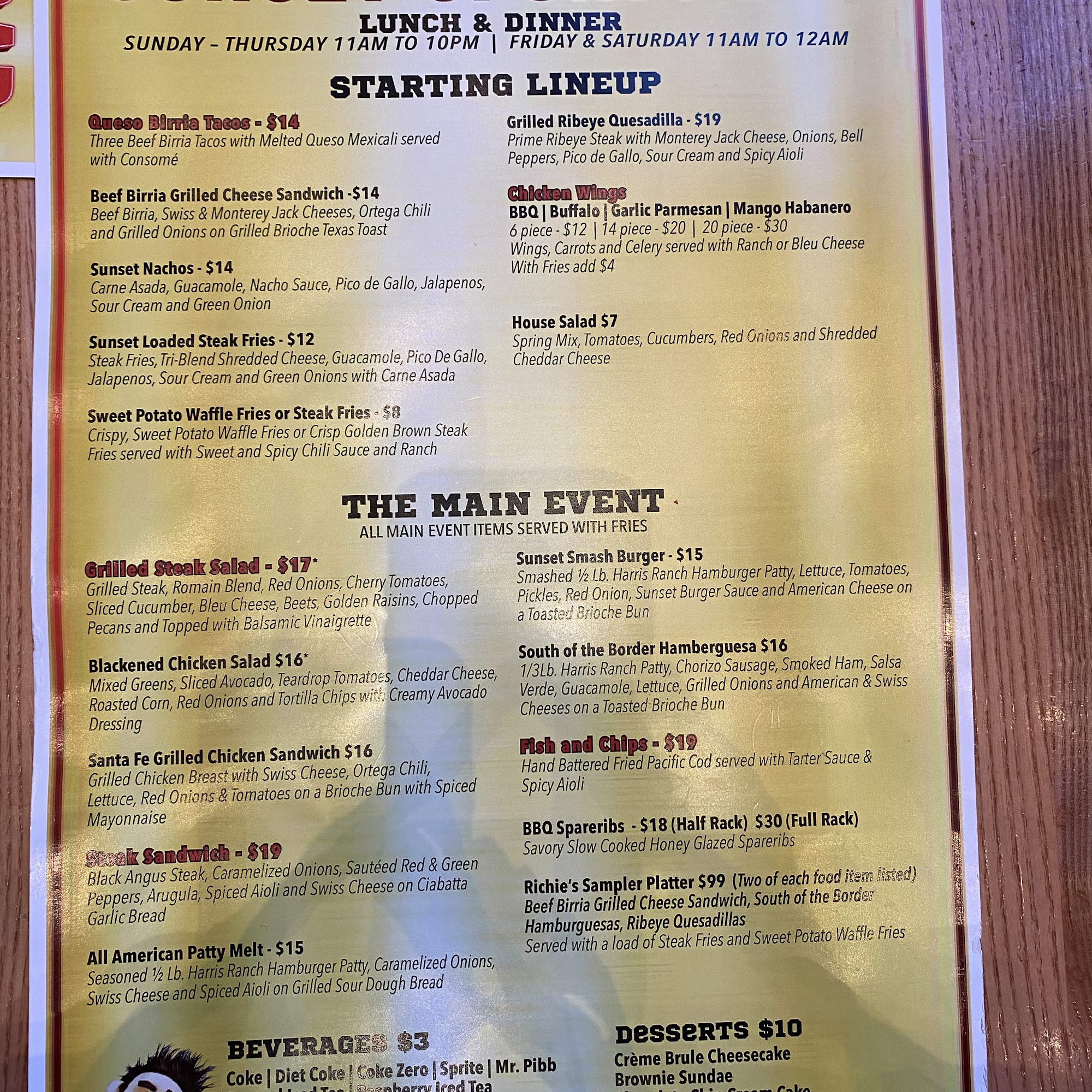 Sunset Sport Bar Menu