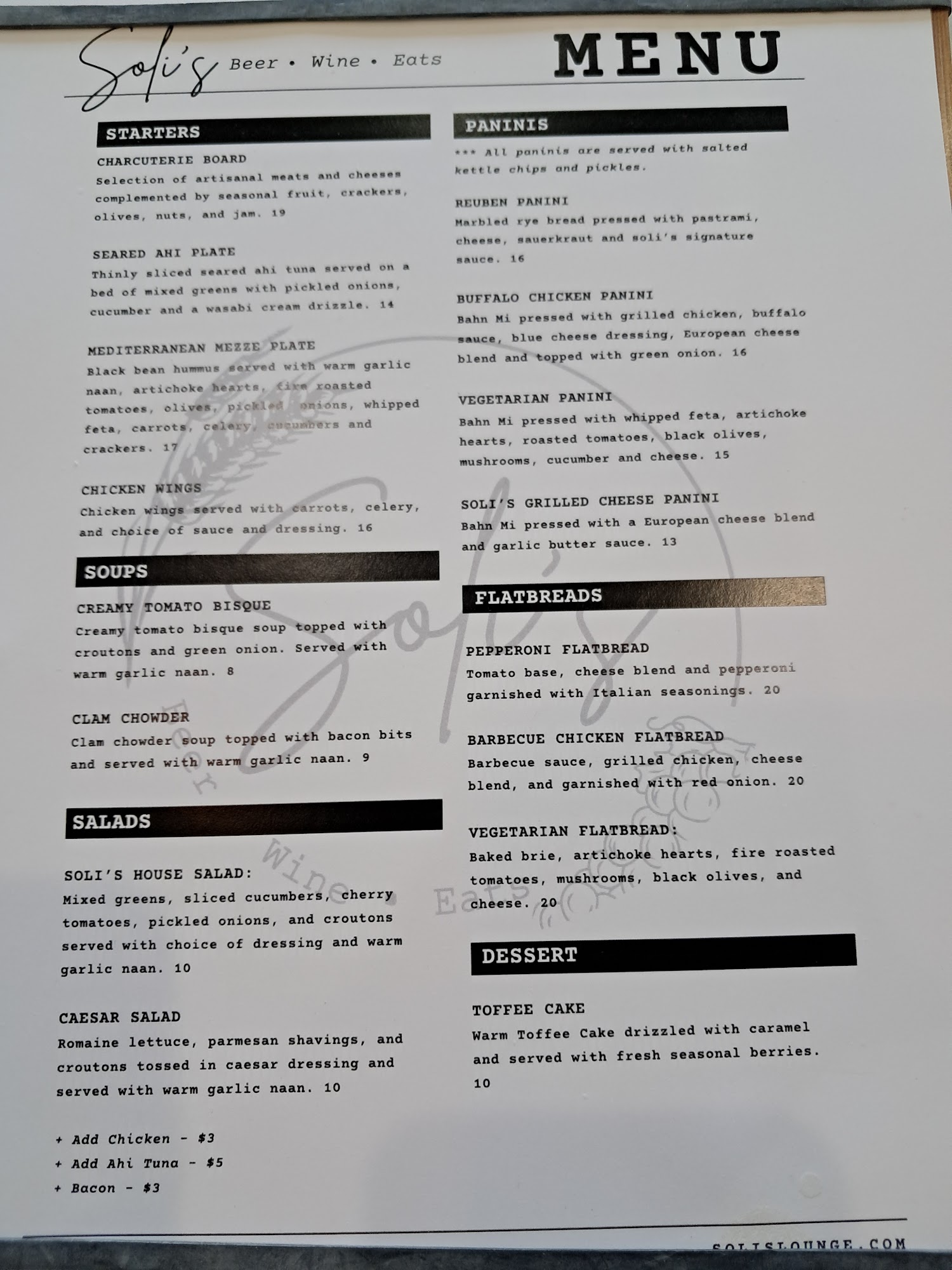 Soli's Menu