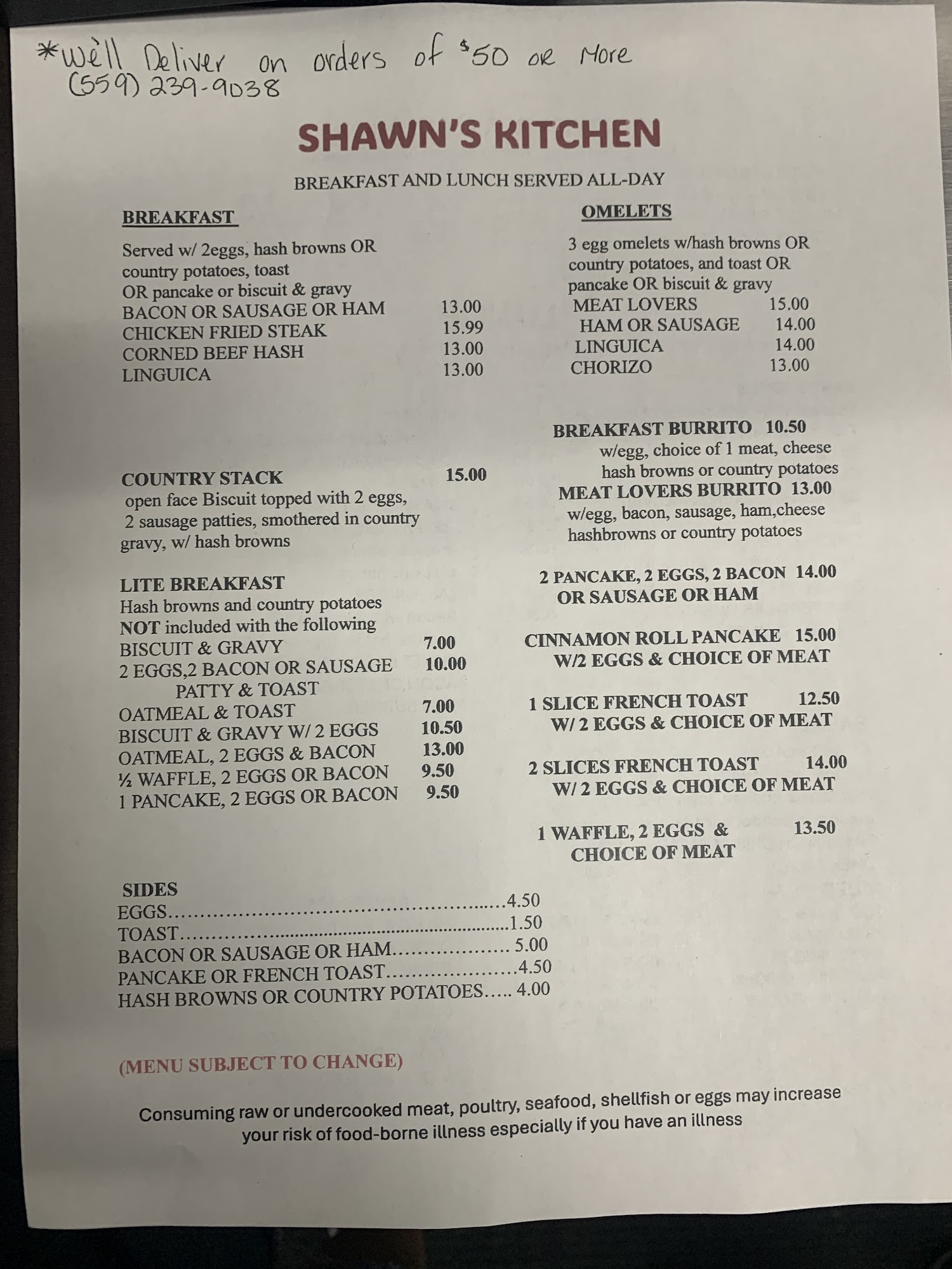 Shawn's Kitchen Menu