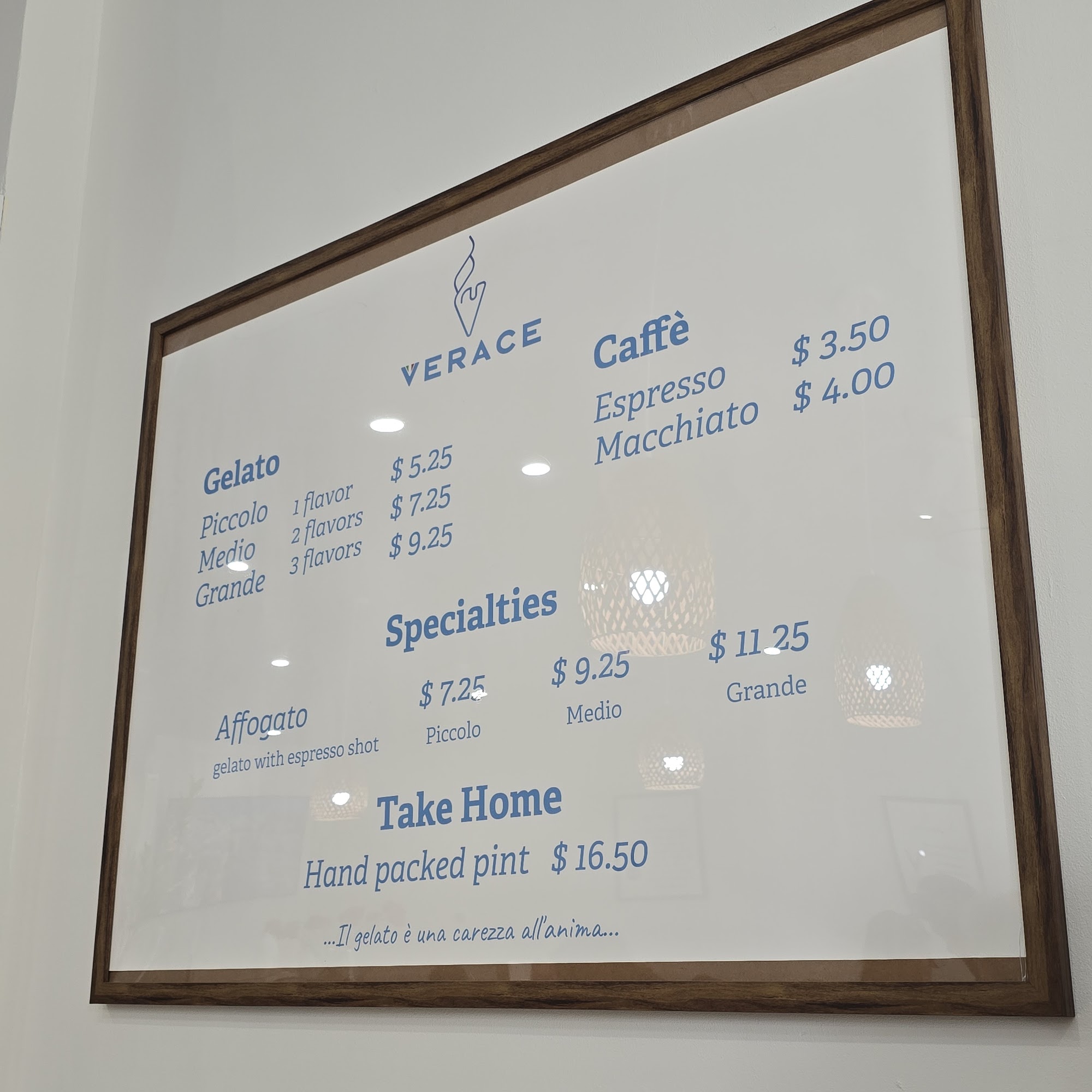 Verace Gelato and Cafe Menu