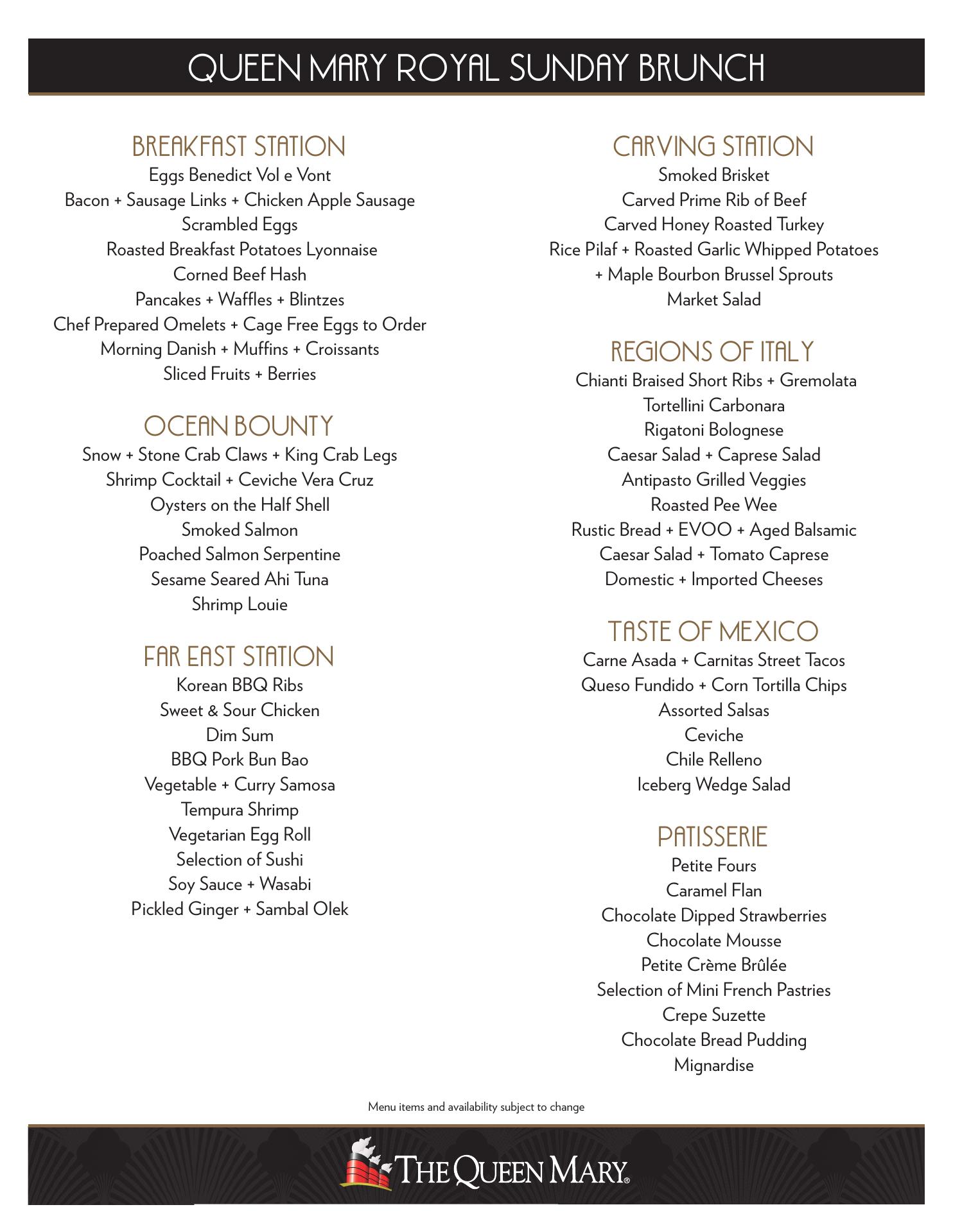 Royal Sunday Brunch Menu