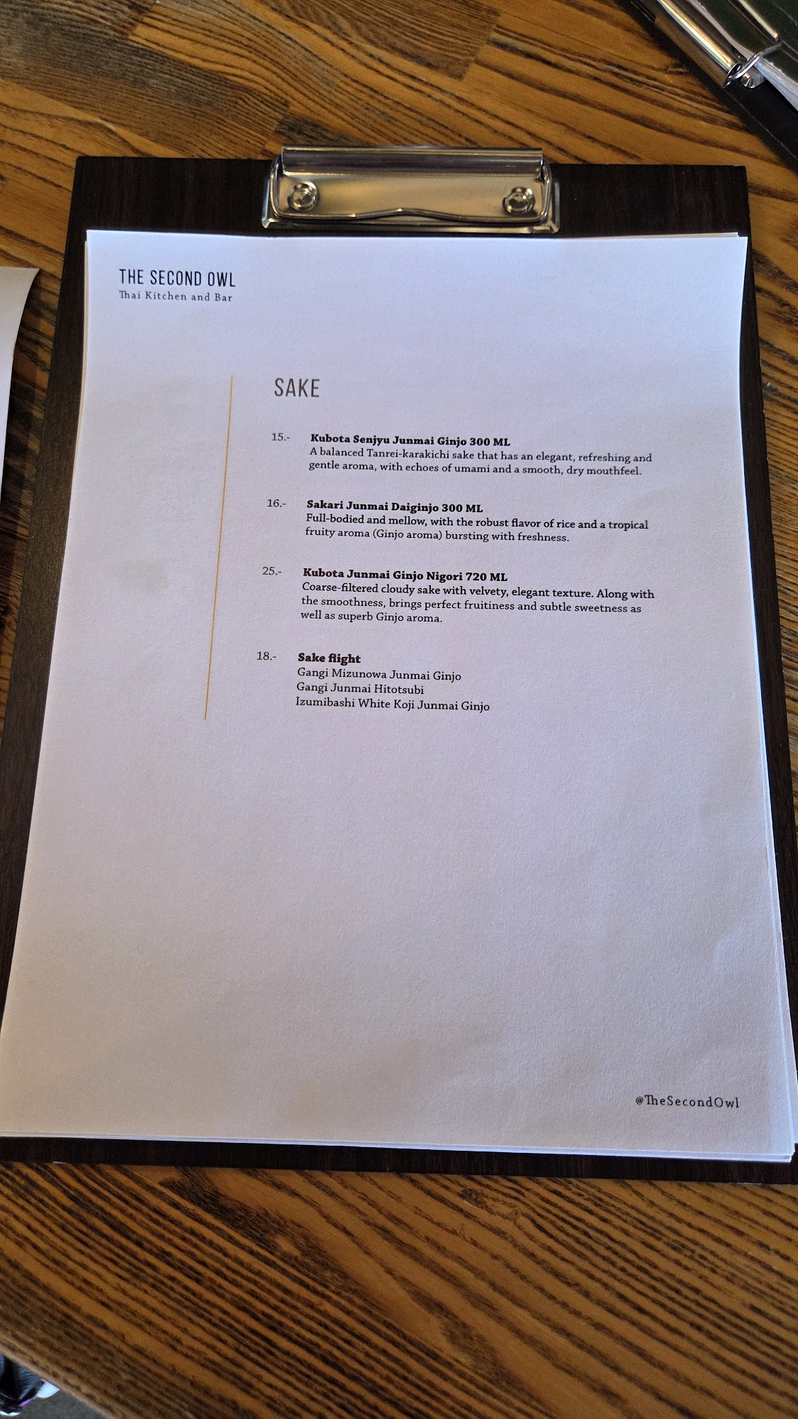 The Second Owl Thai Kitchen and Bar Menu