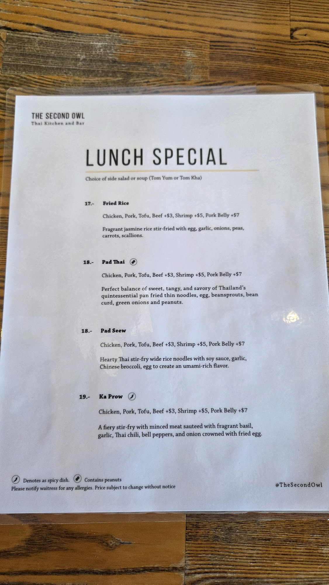 The Second Owl Thai Kitchen and Bar Menu