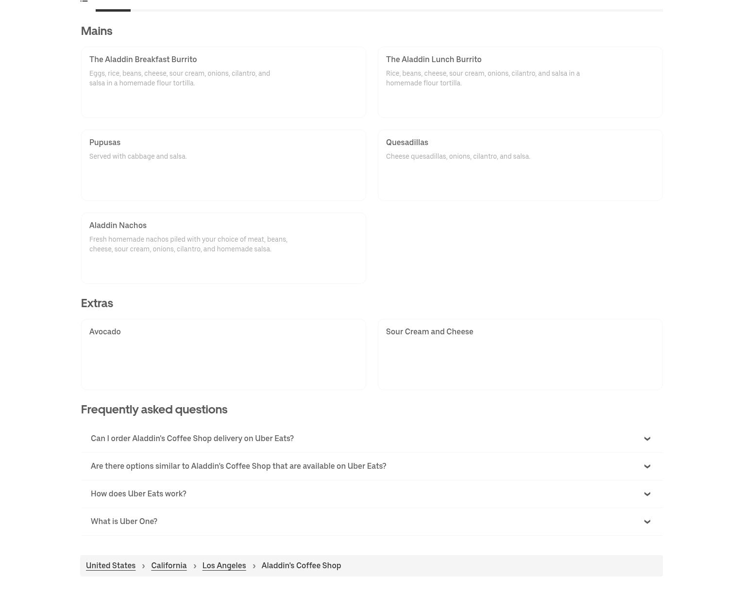 Aladdin Coffee Shop Menu