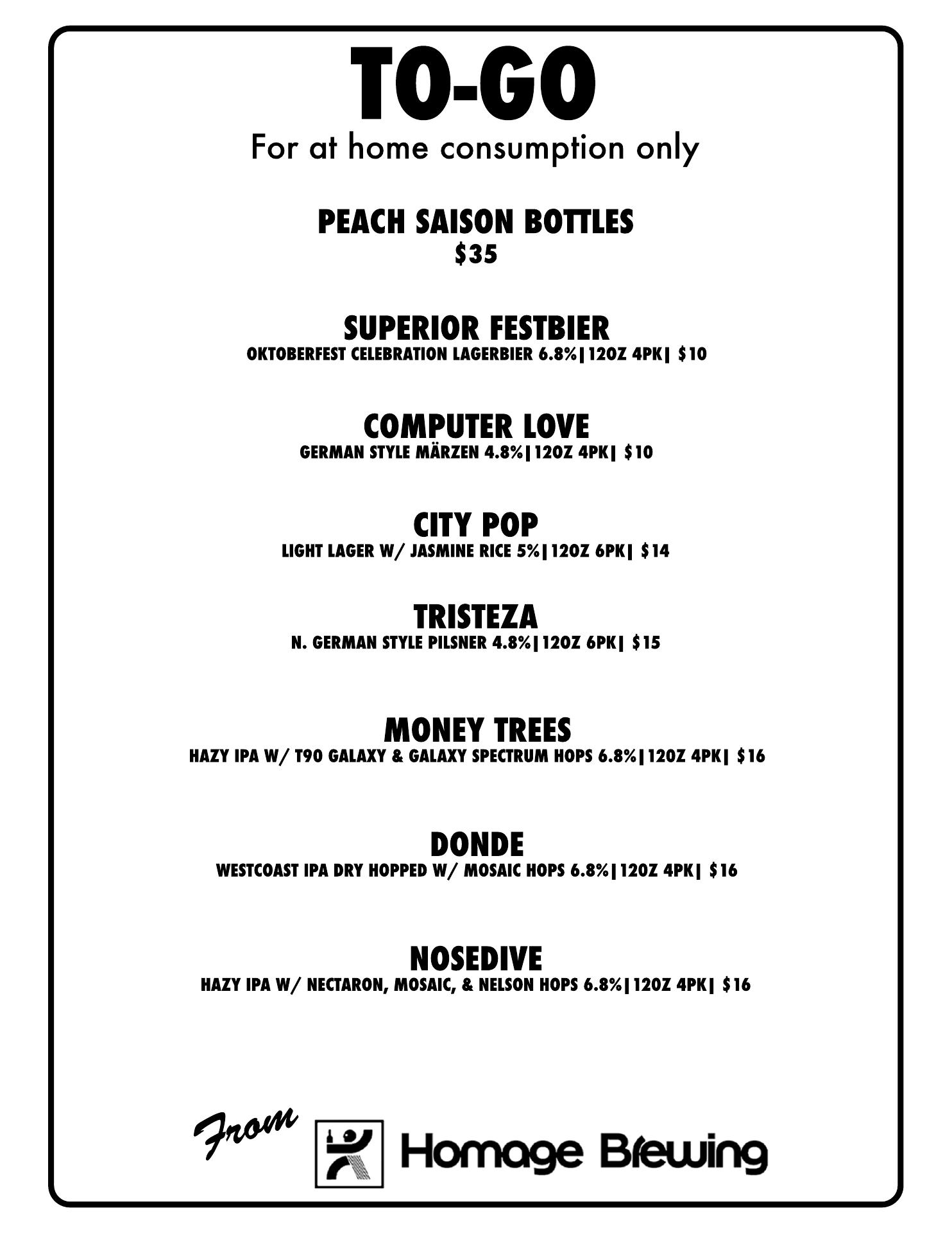 Homage Brewing Menu